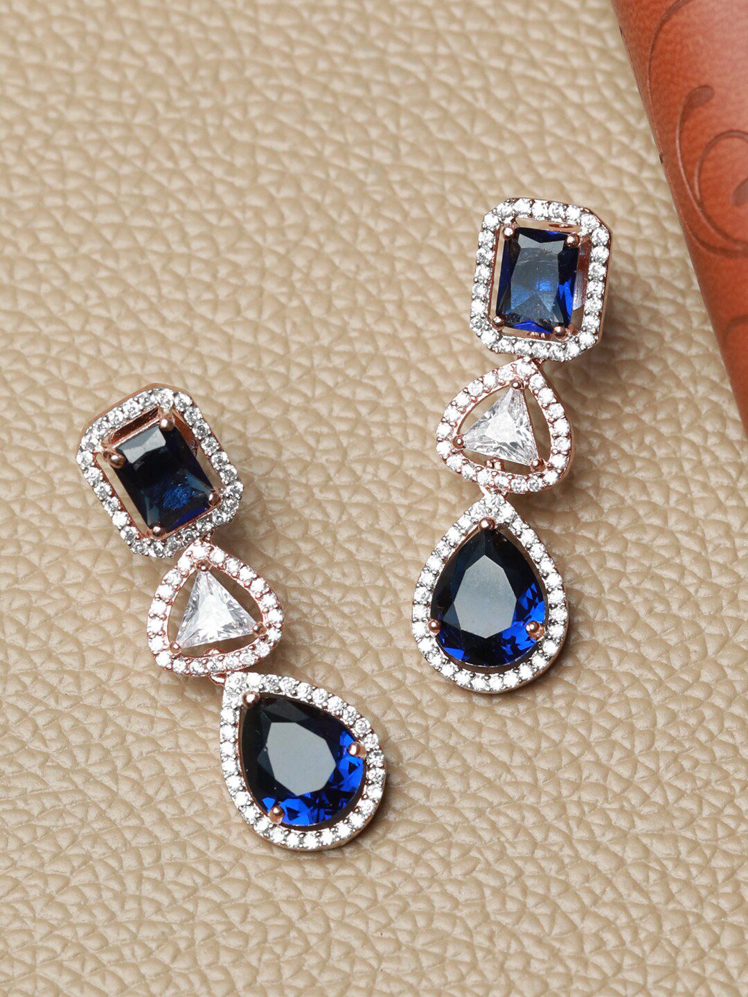 Priyaasi Rose Gold-Plated Blue Contemporary Drop Earrings Price in India