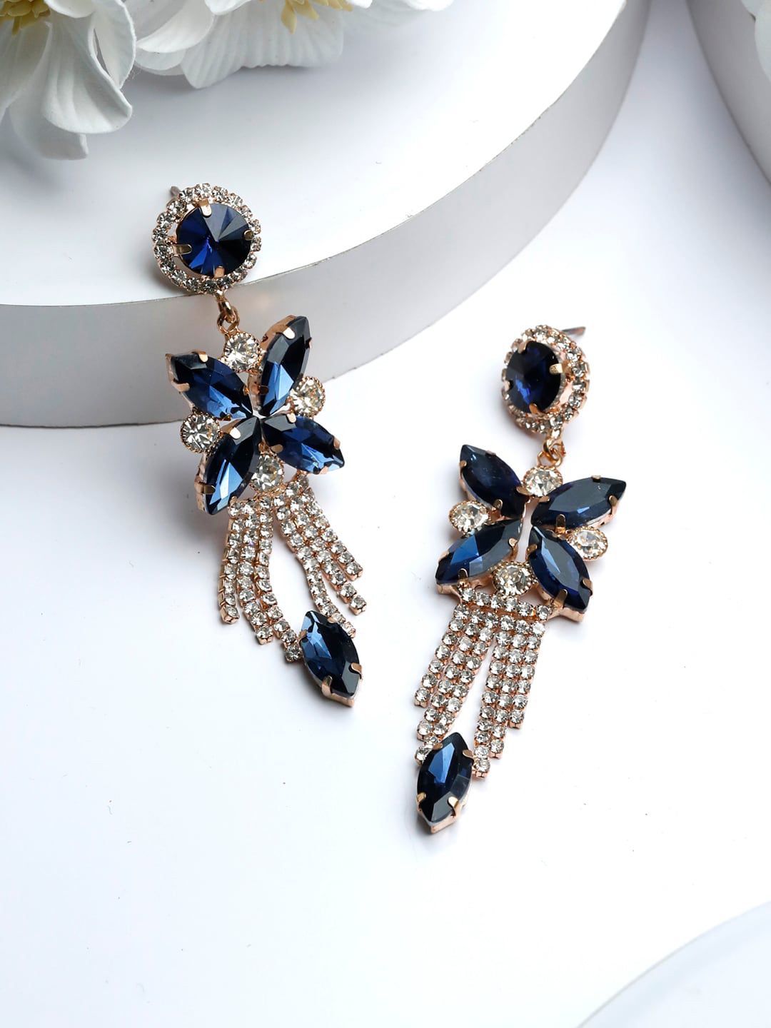 Priyaasi Rose Gold-Plated & Blue Floral Drop Earrings Price in India