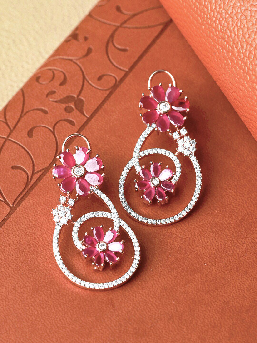 Priyaasi Rose Gold & Pink Floral Drop Earrings Price in India