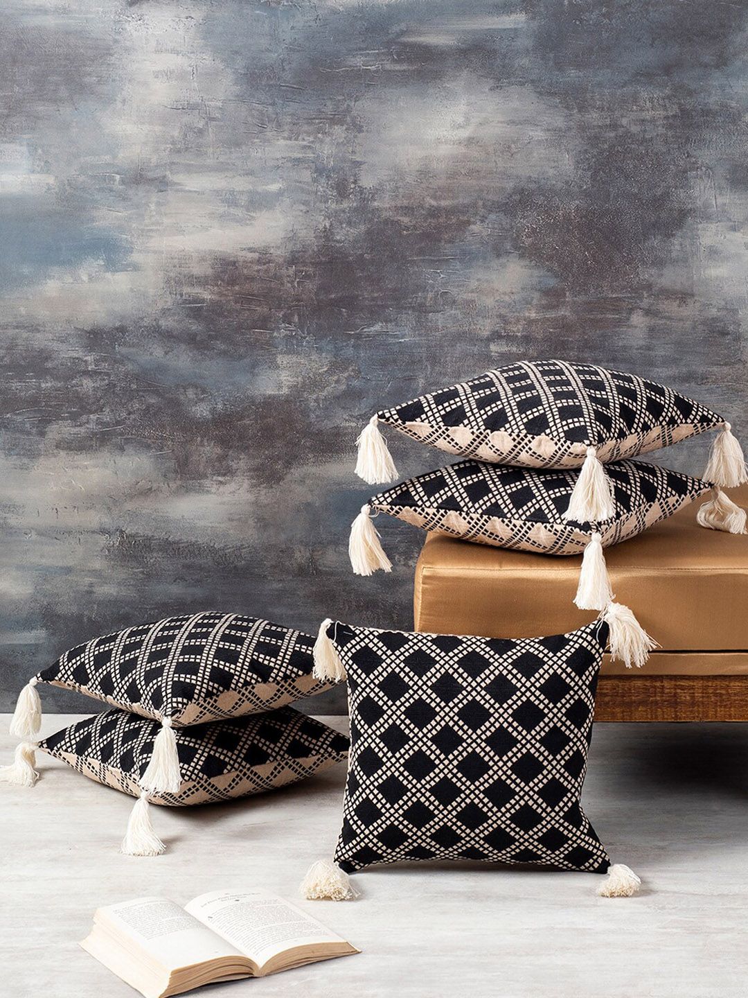 Nestroots Black & Beige Set of 5 Geometric Square Cushion Covers Price in India