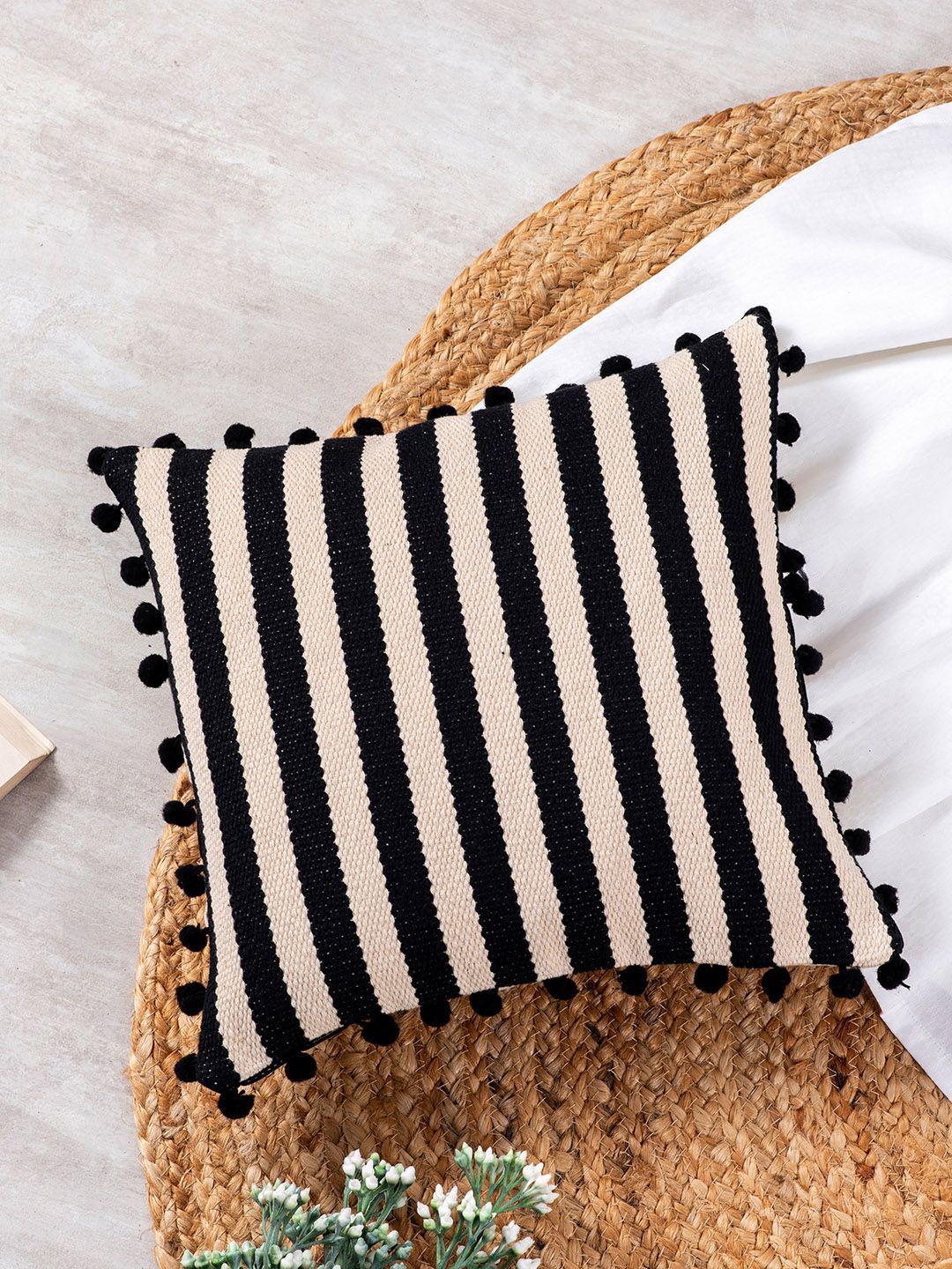 nestroots Off White & Black Striped Single 12" x 12" Square Cushion Covers Price in India