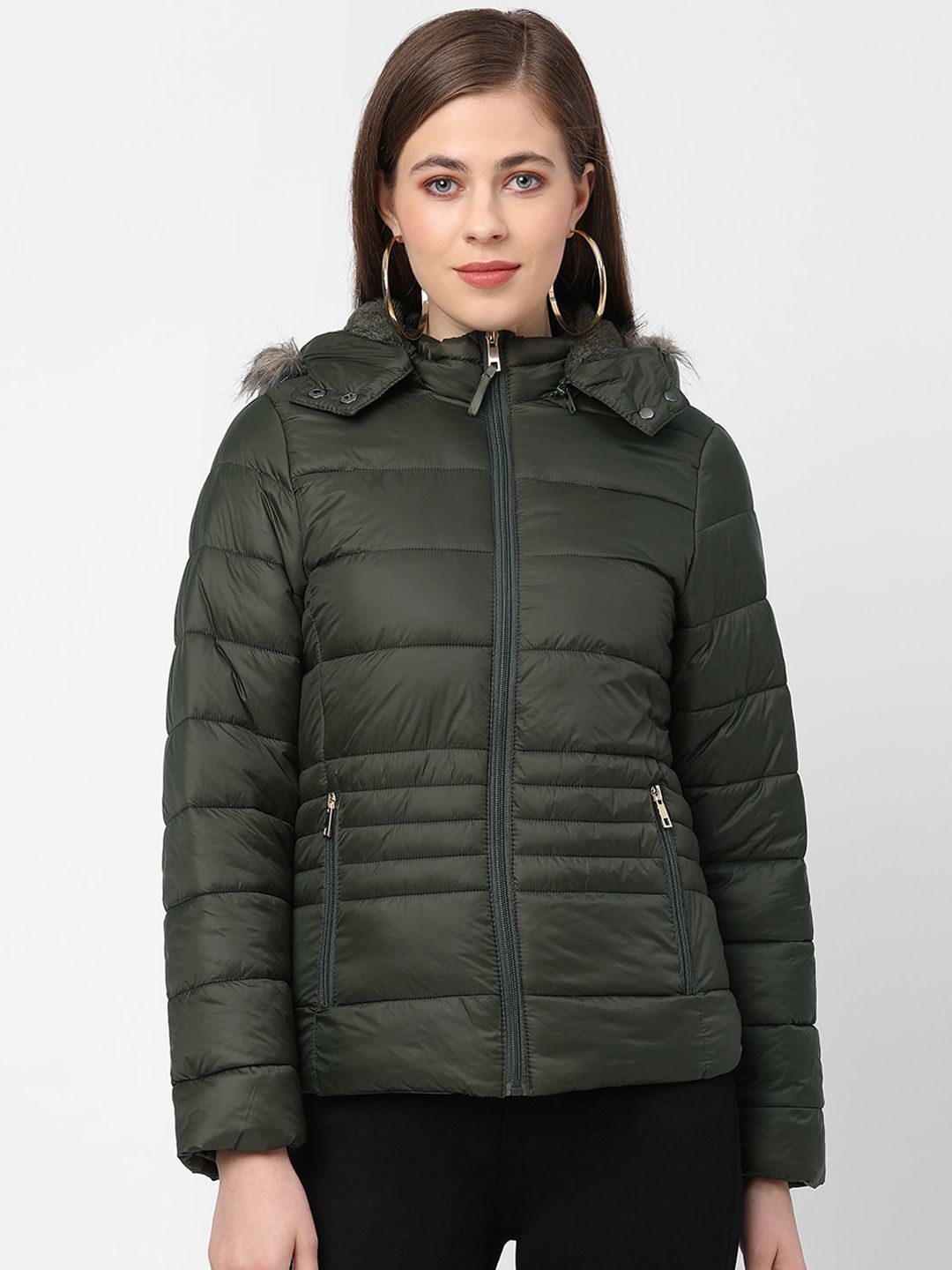 Kraus Jeans Women Olive Green Padded Jacket Price in India