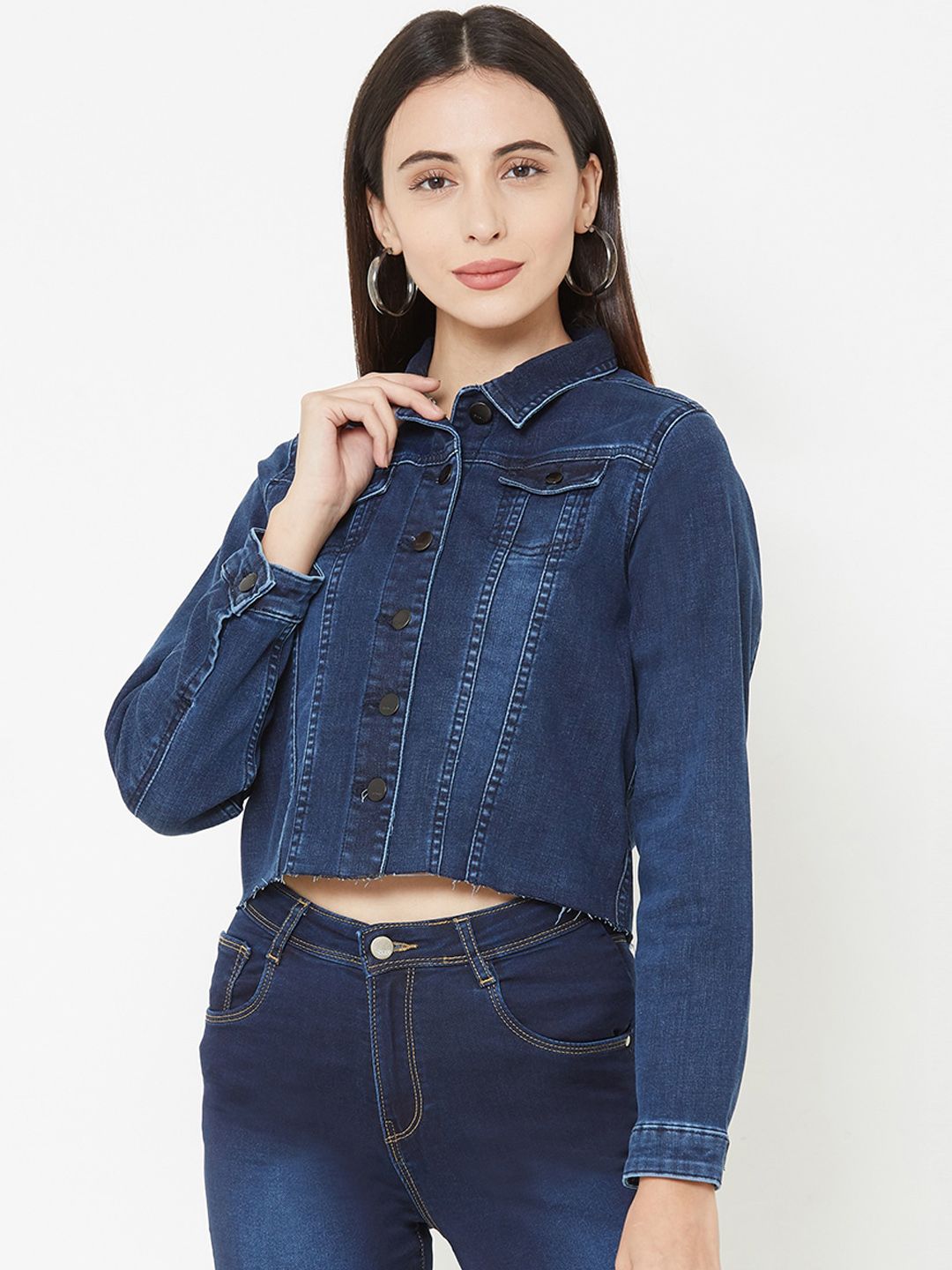 Kraus Jeans Women Blue Washed Crop Denim Jacket Price in India
