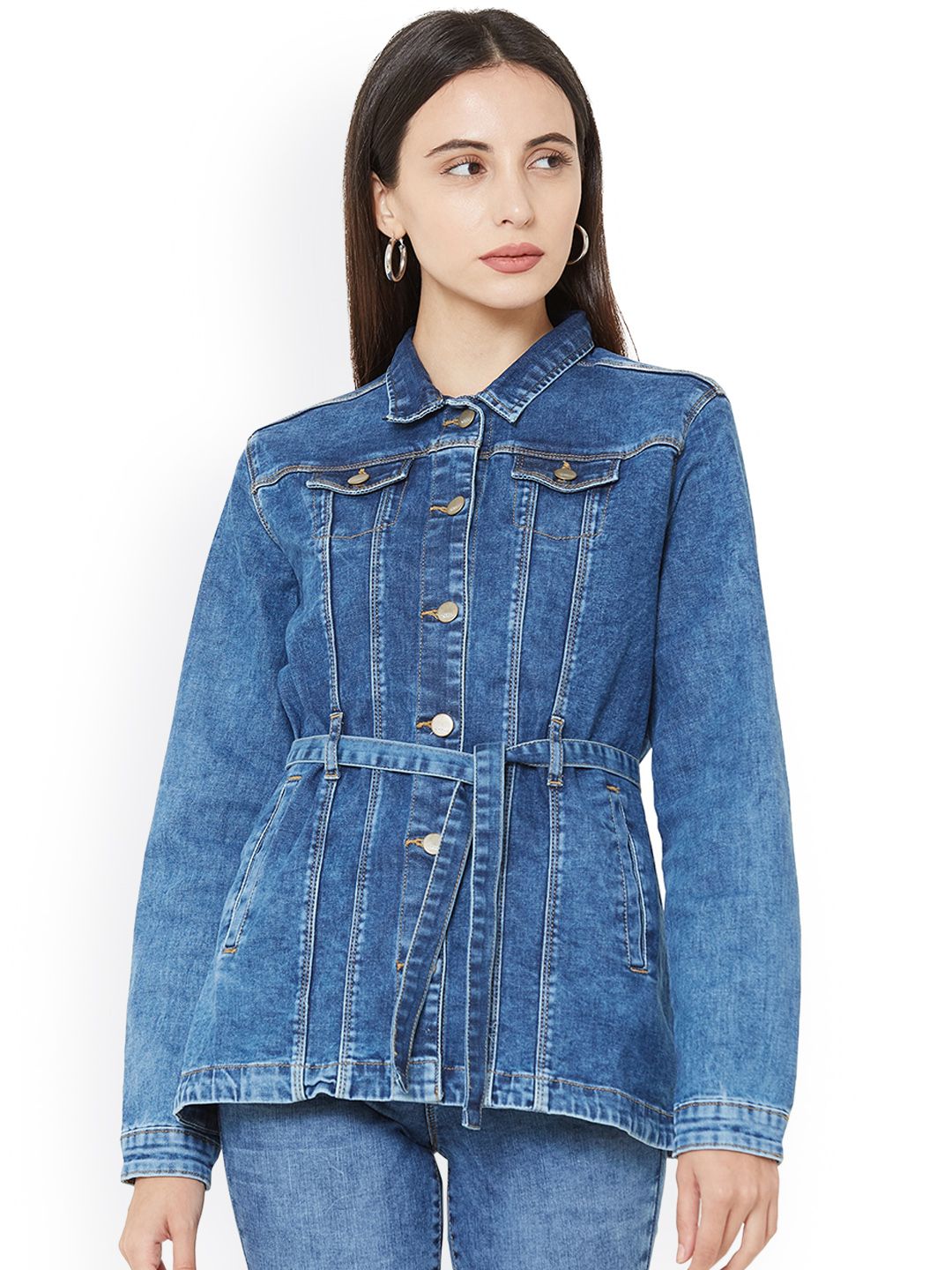 Kraus Jeans Women Blue Washed Longline Denim Jacket Price in India