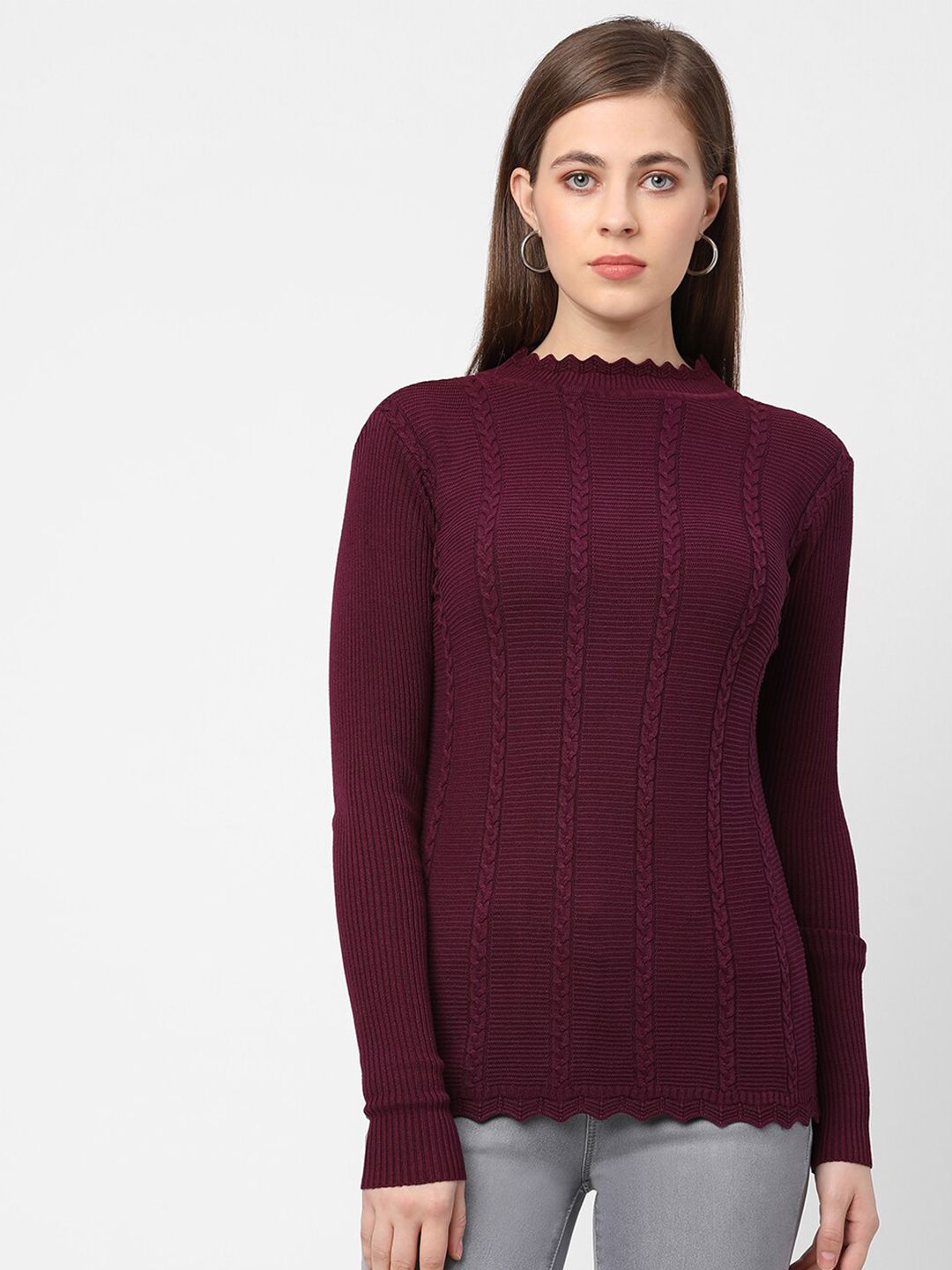 Kraus Jeans Women Maroon Cable Knit Pullover Sweater Price in India
