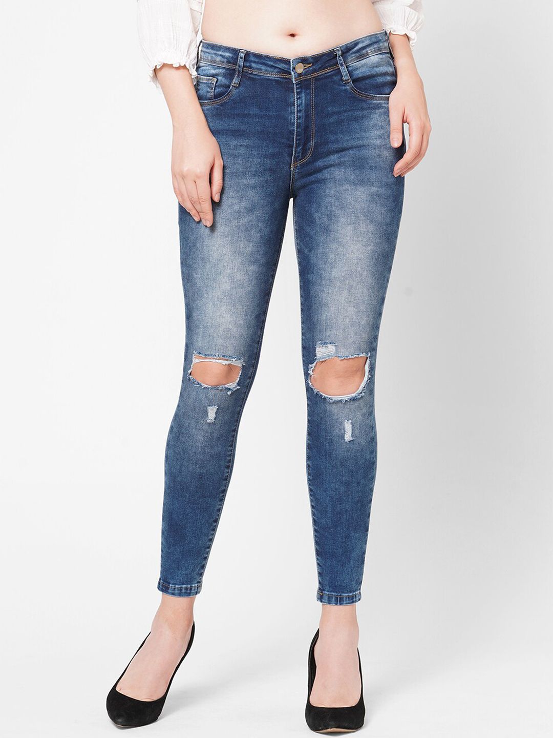 Kraus Jeans Women Blue Skinny Fit High-Rise Mildly Distressed Heavy Fade Stretchable Jeans Price in India