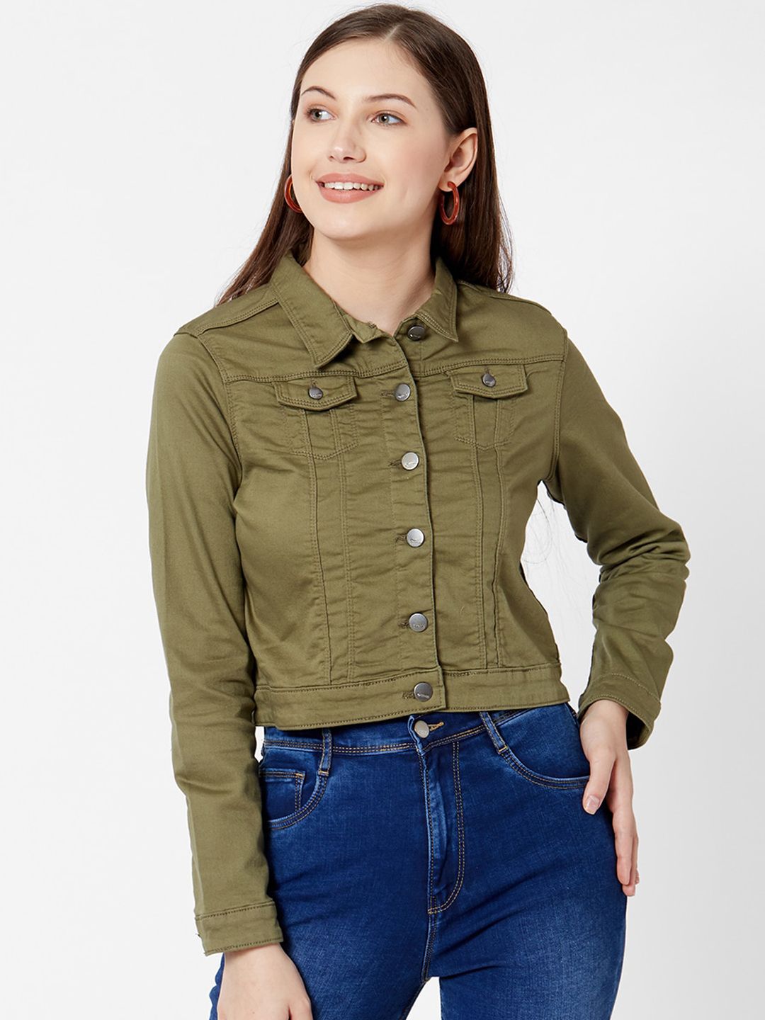 Kraus Jeans Women Olive Green Solid Crop Denim Jacket Price in India