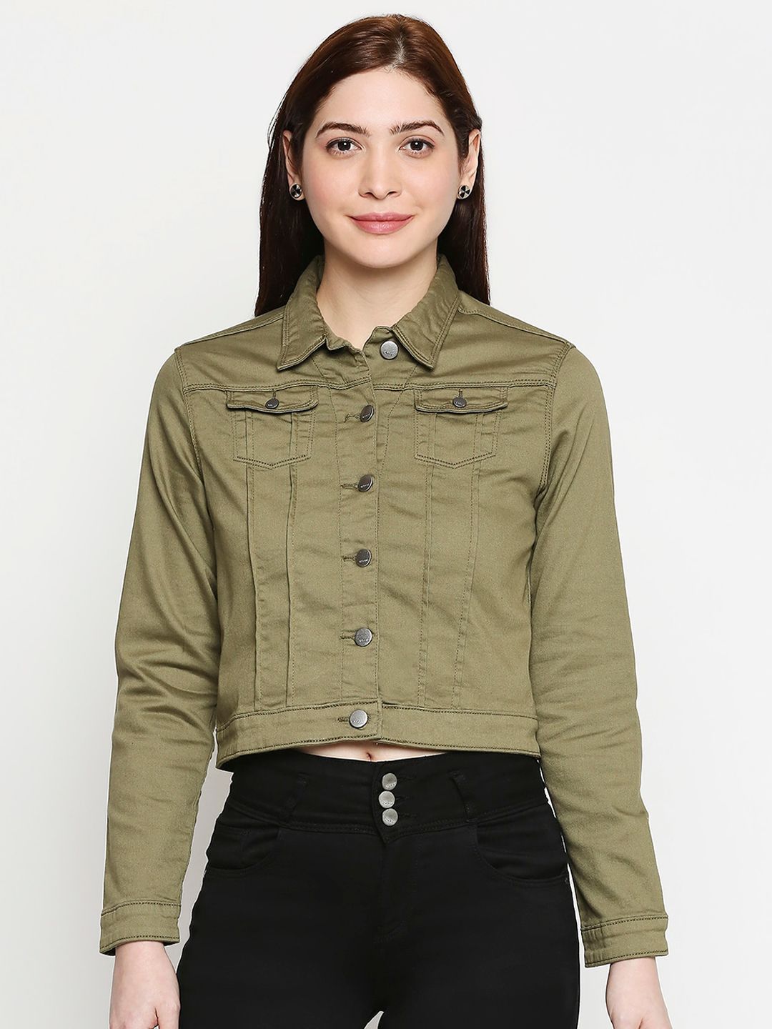Kraus Jeans Women Olive Green Crop Tailored Jacket Price in India