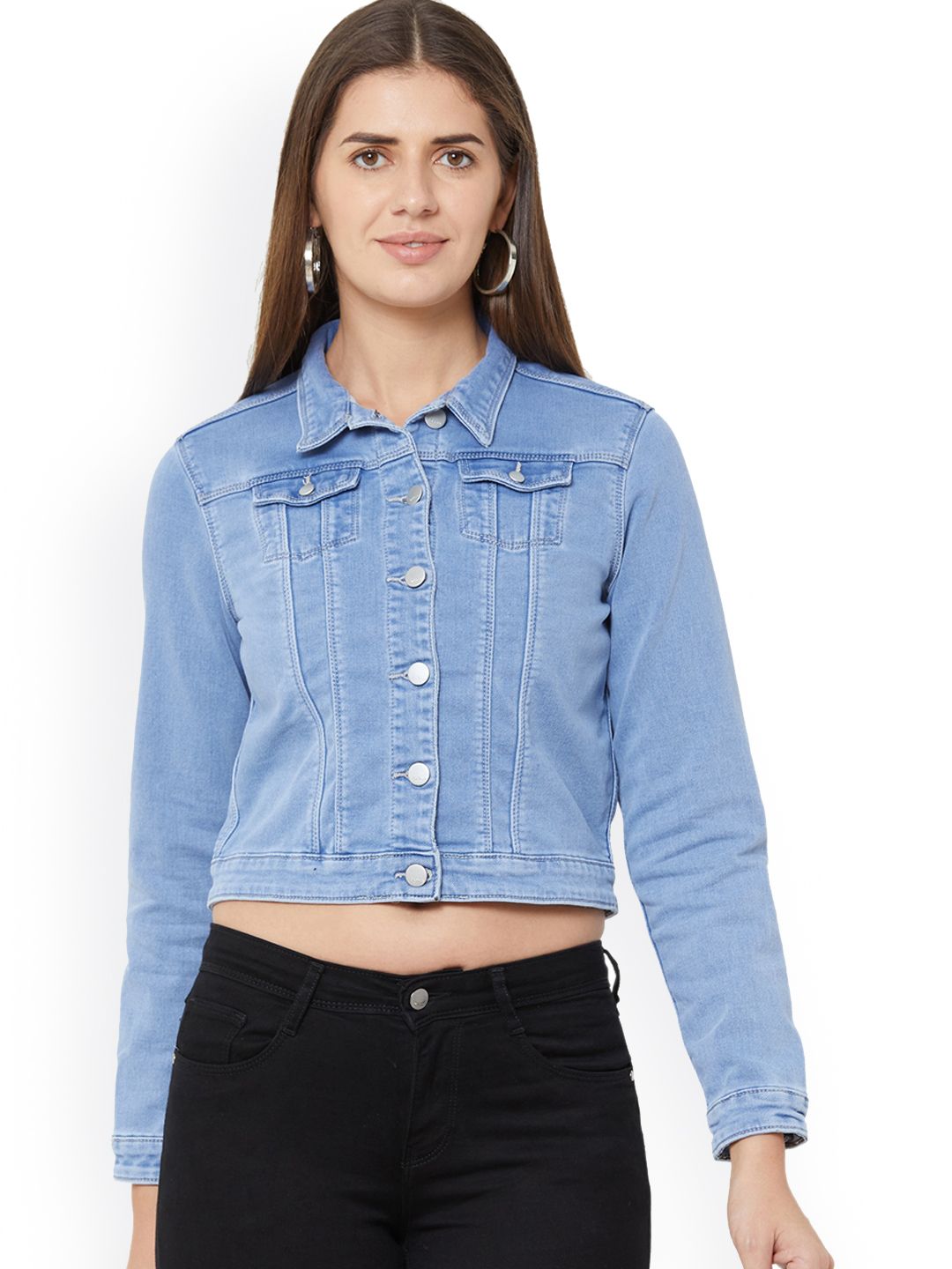 Kraus Jeans Women Blue Washed Crop Denim Jacket Price in India
