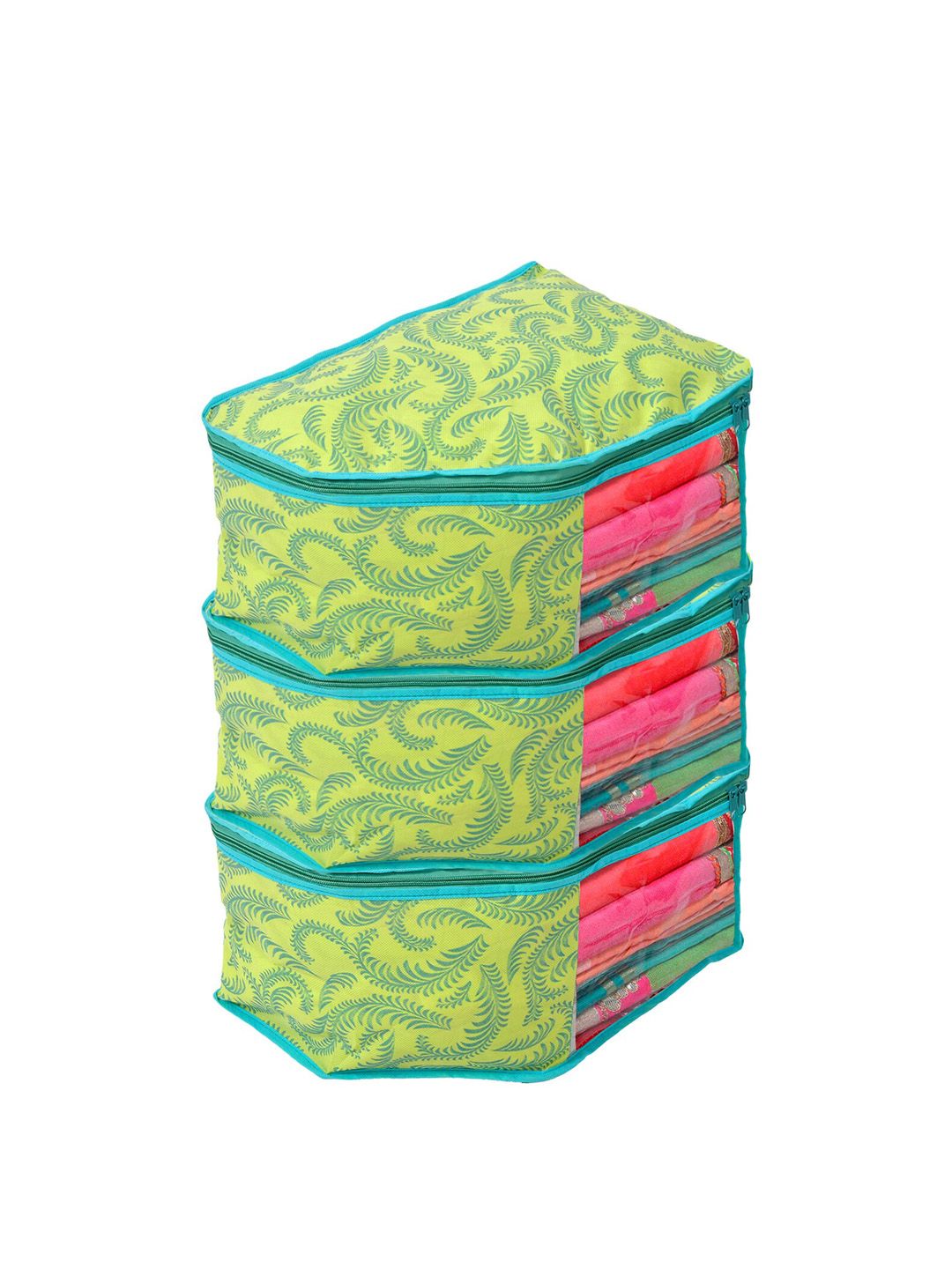 Kuber Industries Set Of 3 Green Leaf Printed Non-Woven Blouse Organizer Price in India