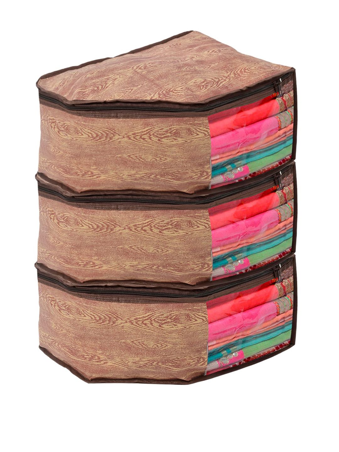 Kuber Industries Pack Of 3 Brown Wooden Printed Non-Woven Blouse Organizer Price in India