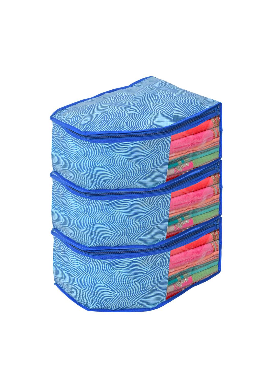 Kuber Industries Blue Pack of 3 Lahariya Printed Non-Woven Blouse Organiser Price in India