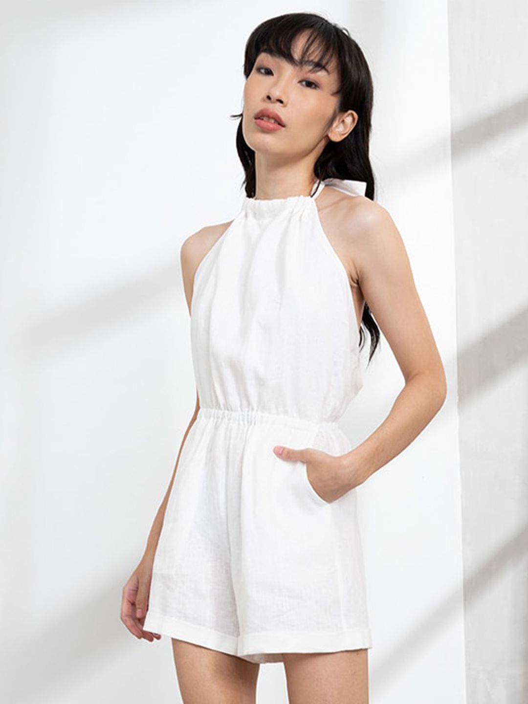 ORIGIN BY ZALORA White Linen Halter Neck Playsuit Price in India