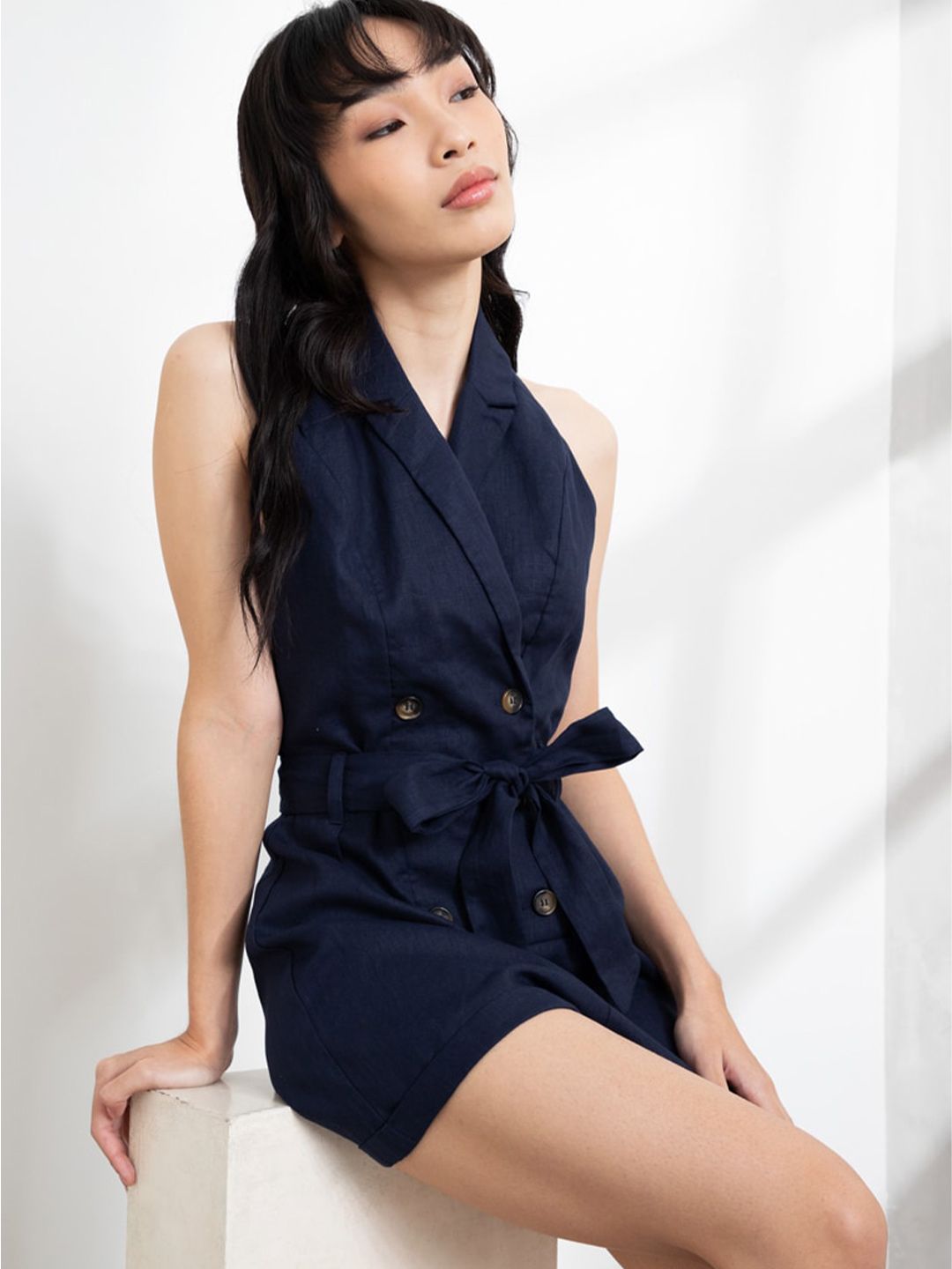 ORIGIN BY ZALORA Navy Blue Linen Halter Neck Jumpsuit Price in India