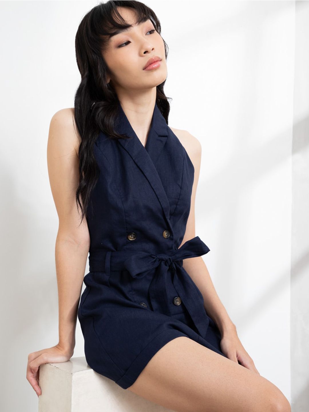 ORIGIN BY ZALORA Navy Blue Linen Halter Neck Jumpsuit Price in India