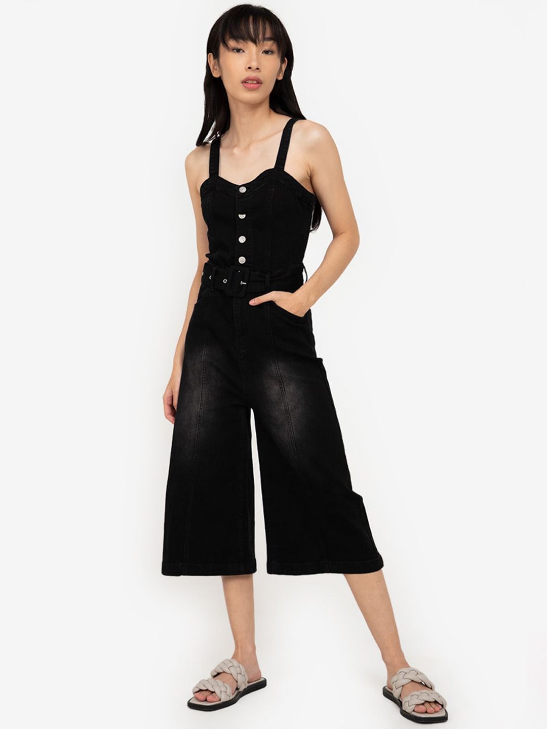 ZALORA BASICS Black Washed Button Front Culotte Jumpsuit Price in India
