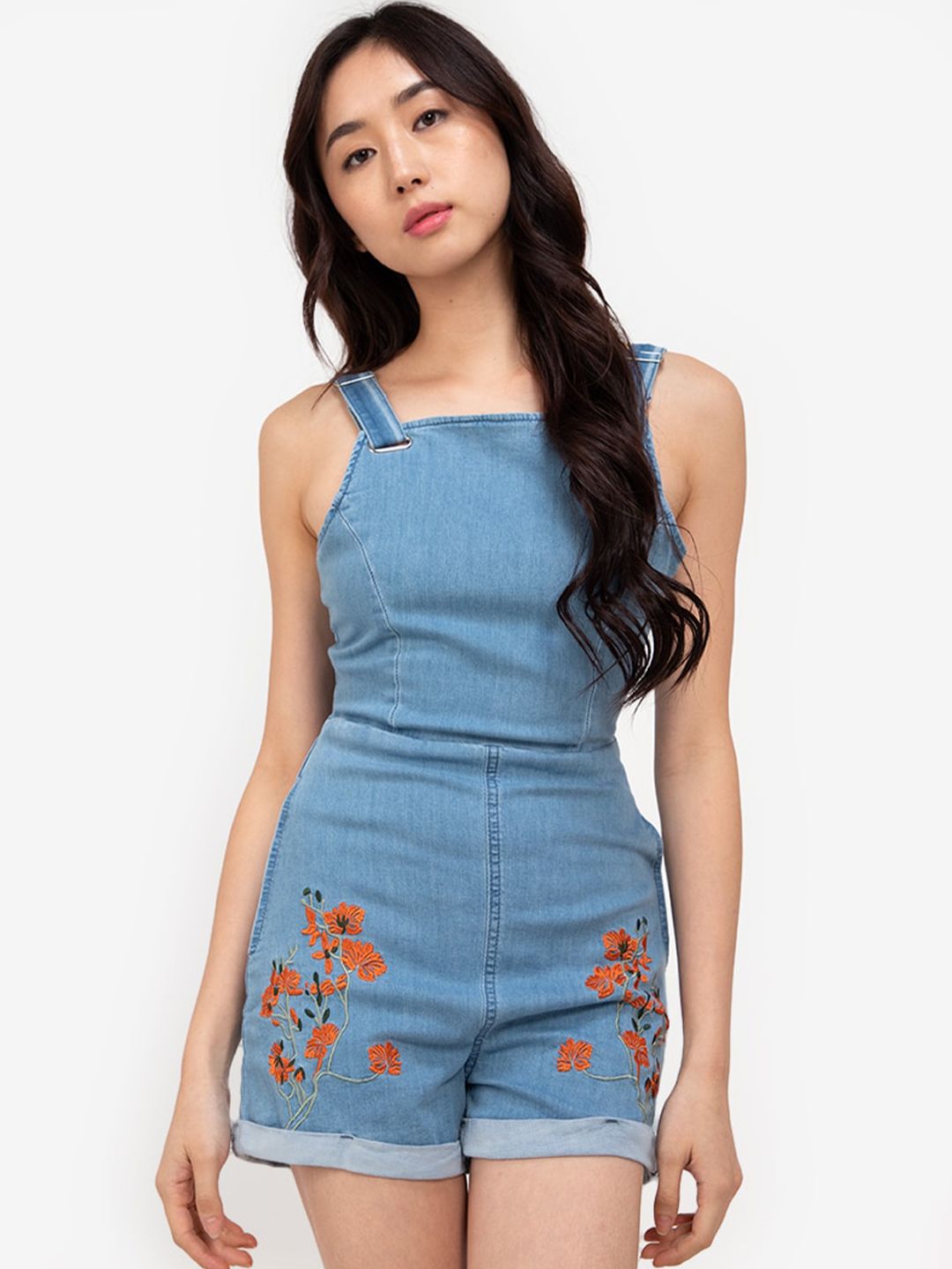 ZALORA BASICS Blue & Red Hem Floral Embroidered Denim Playsuit Price in India