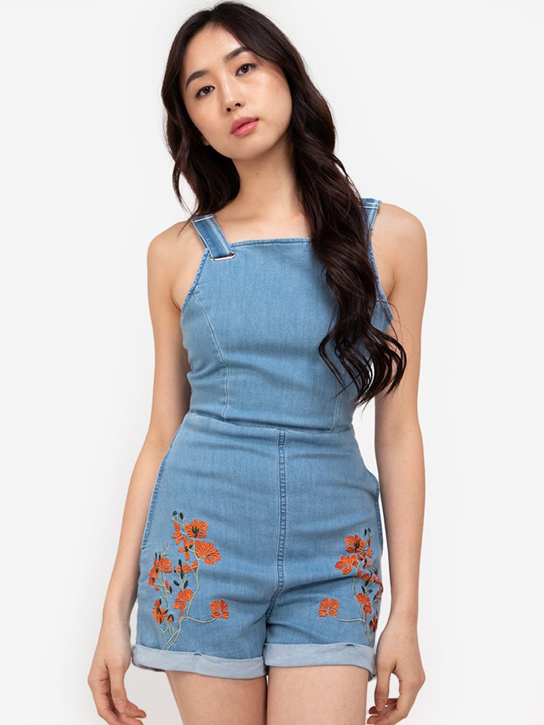 ZALORA BASICS Blue & Red Hem Floral Embroidered Denim Playsuit Price in India