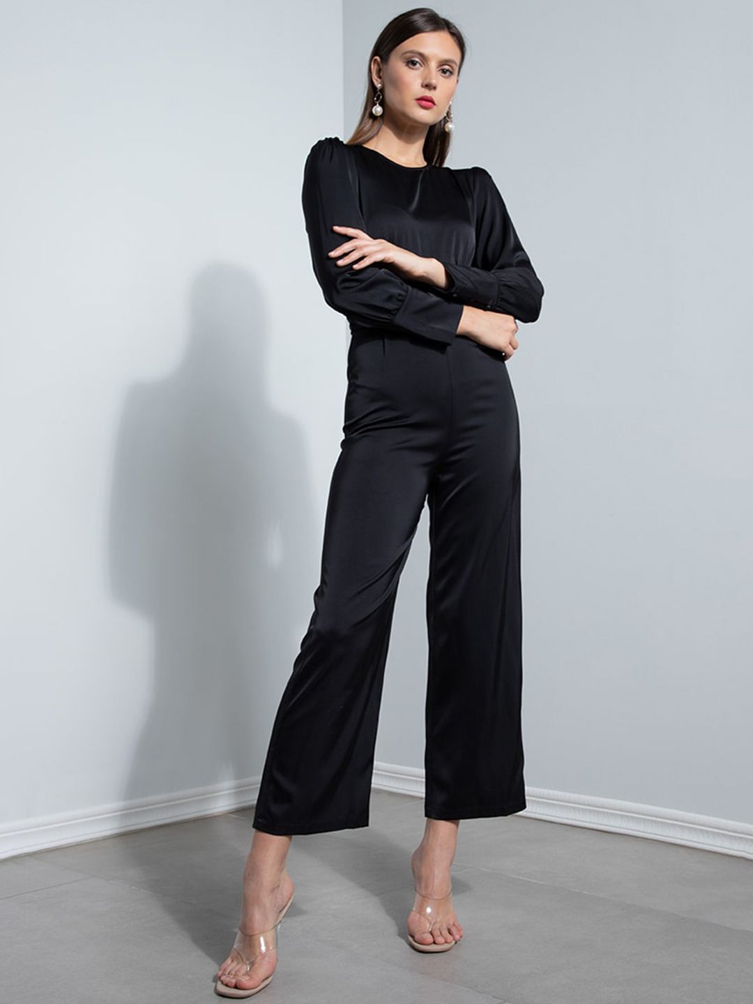 ZALORA OCCASION Black Solid Ruched Waist Detail Culotte Jumpsuit Price in India
