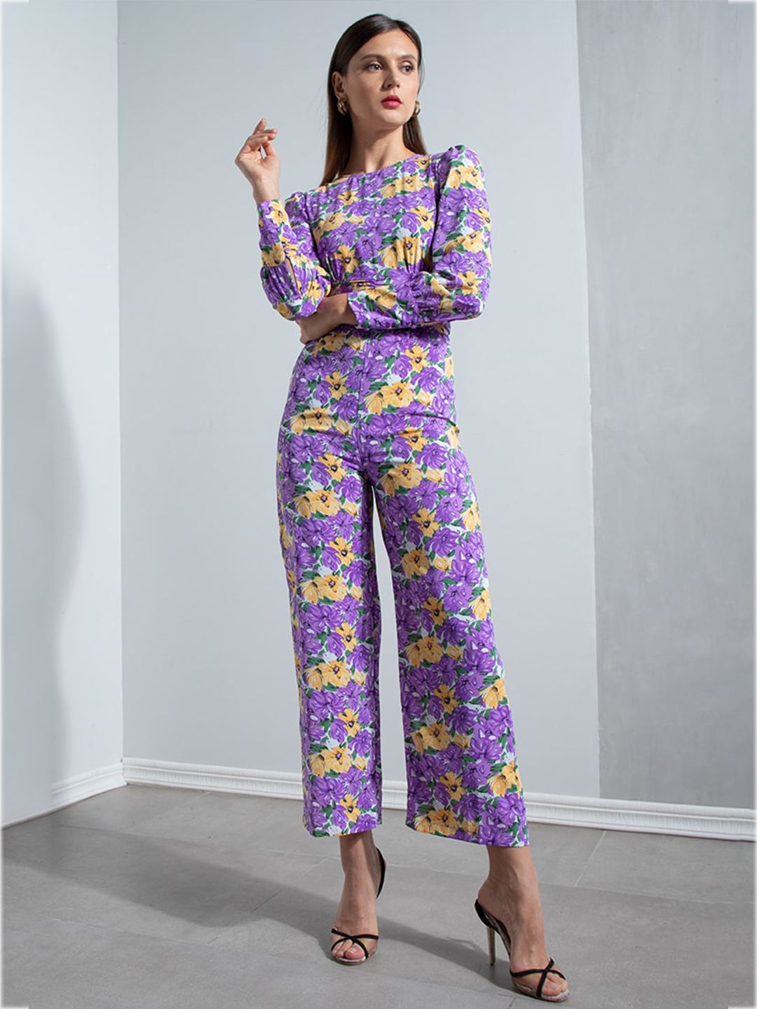 ZALORA OCCASION Purple & Yellow Printed Ruched Waist Detail Jumpsuit Price in India