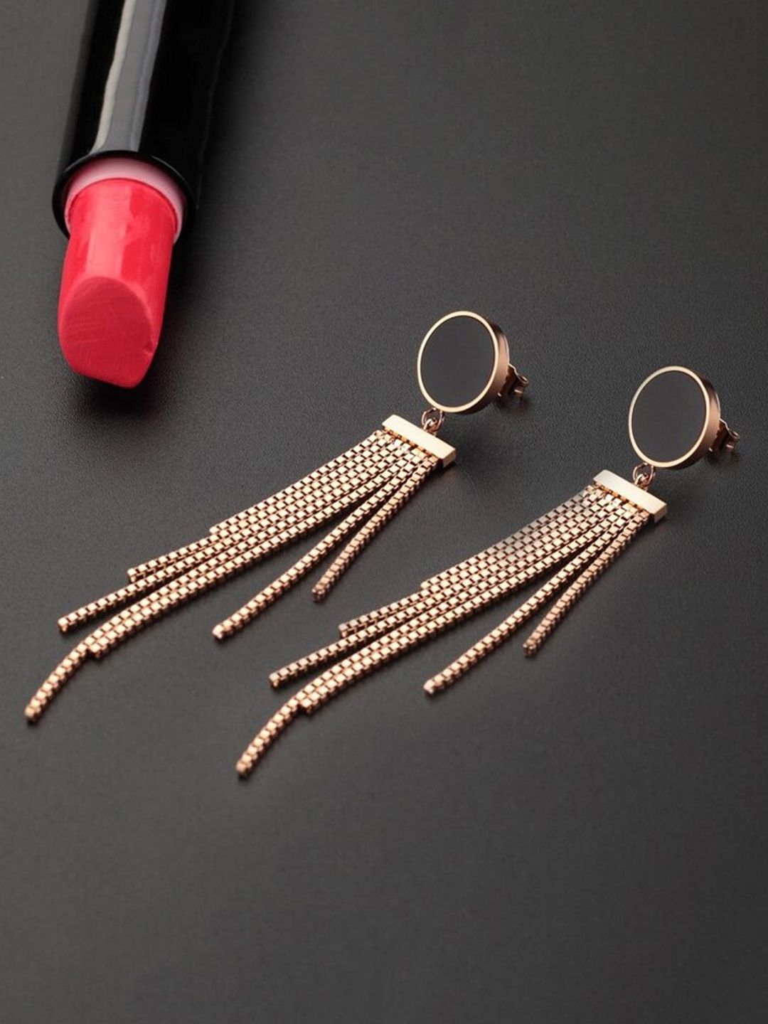 Yellow Chimes Rose Gold & Black Drop Earrings Price in India
