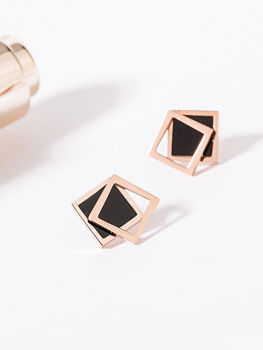 Yellow Chimes Black & Rose Gold Geometric Studs Earrings Price in India