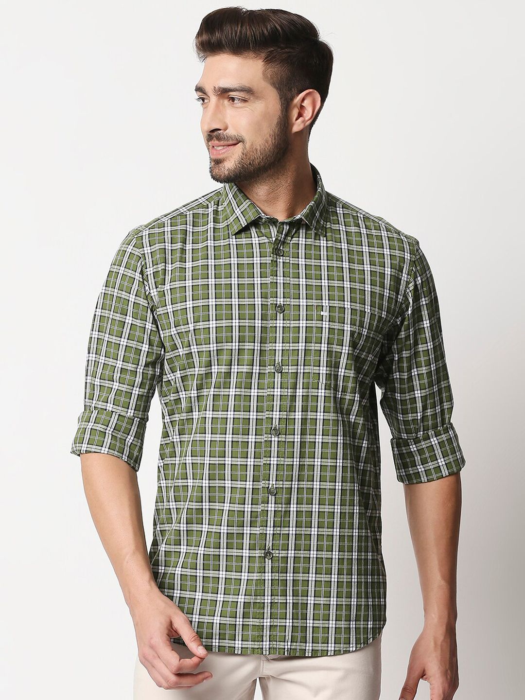 Basics Men Olive Green & White Slim Fit Checked Cotton Casual Shirt