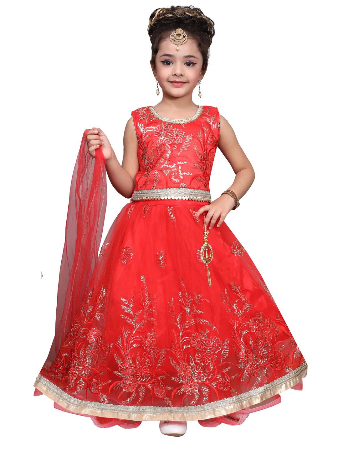 SKY HEIGHTS Girls Red & Gold Embellished Ready to Wear Lehenga & Blouse With Dupatta