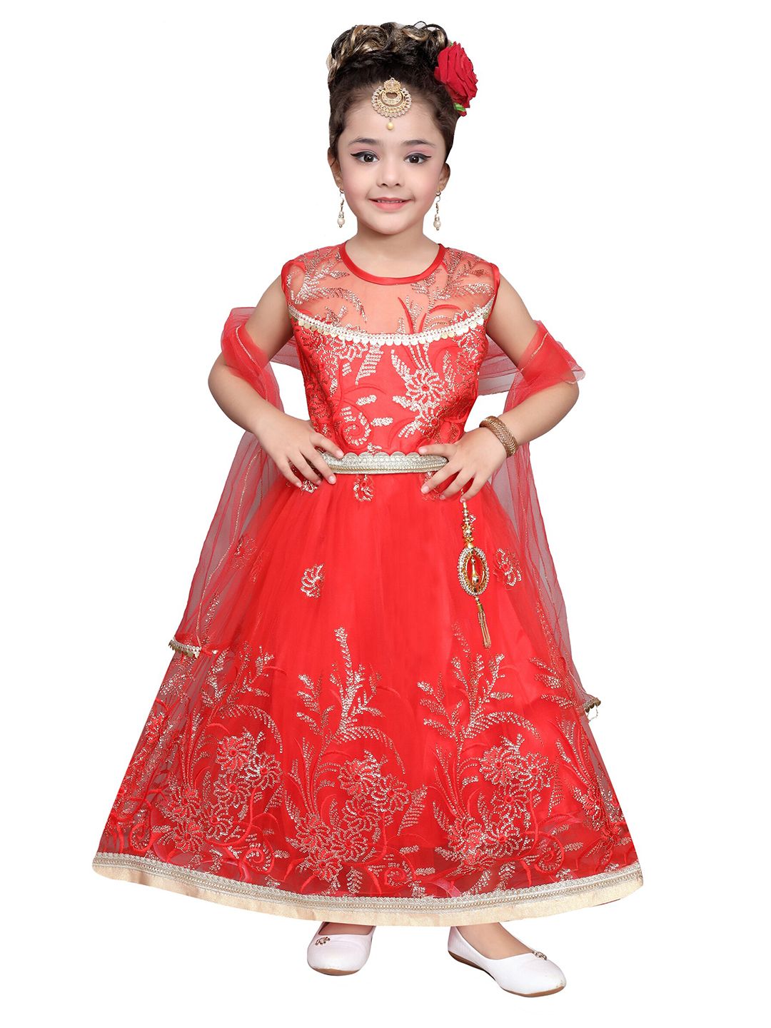 SKY HEIGHTS Girls Red & Gold Sequined Embellished Lehenga Choli With Dupatta Price in India
