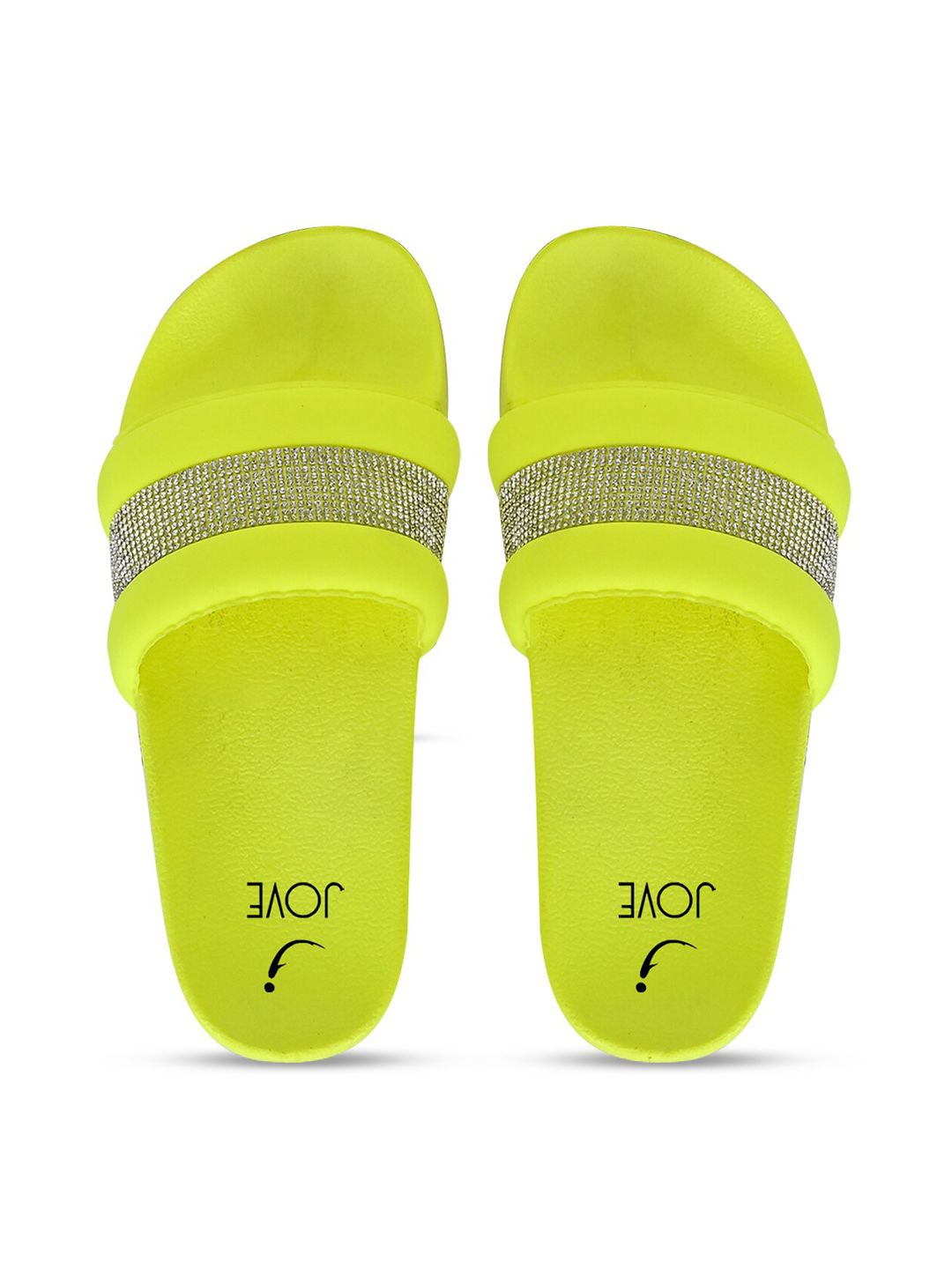 Jove Women Yellow & Silver-Toned Embellished Sliders Price in India