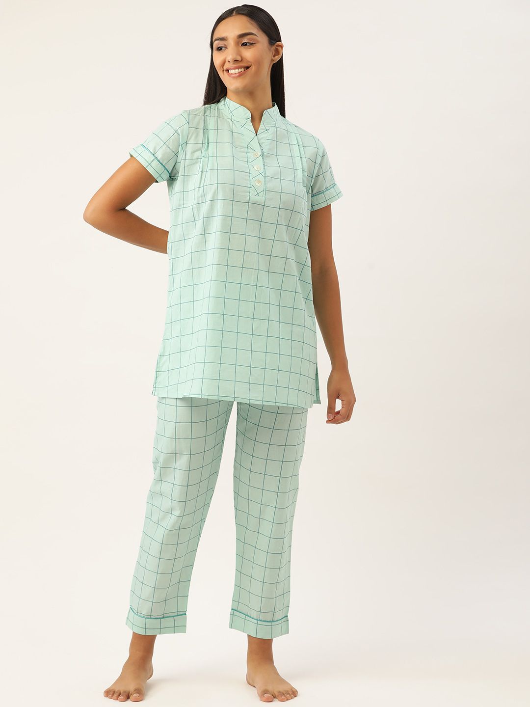 Sweet Dreams Women Green Checked Pure Cotton Night suit Price in India