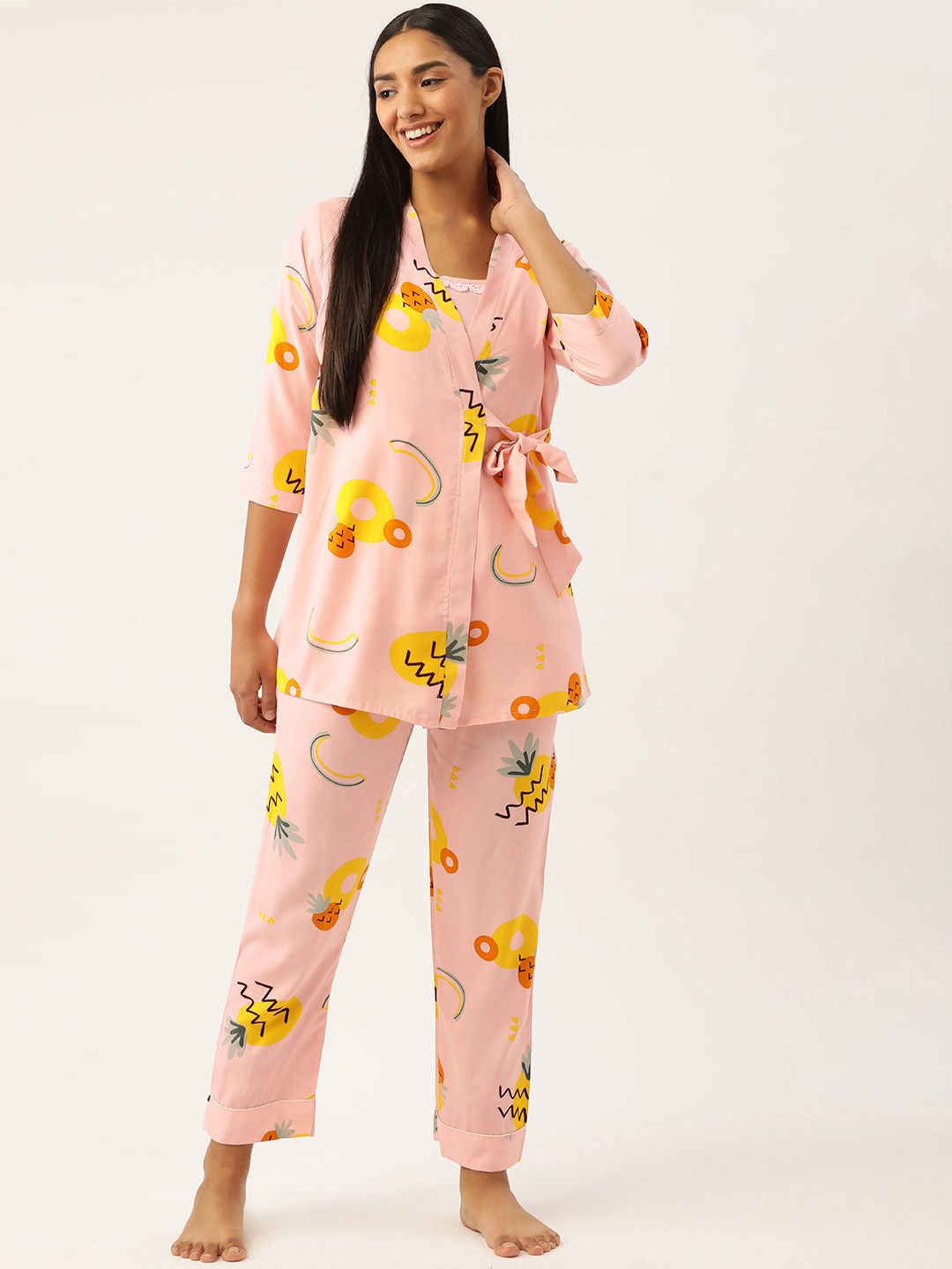 Sweet Dreams Women 3 Pc Peach-Coloured & Yellow Printed Night Suit Set Price in India