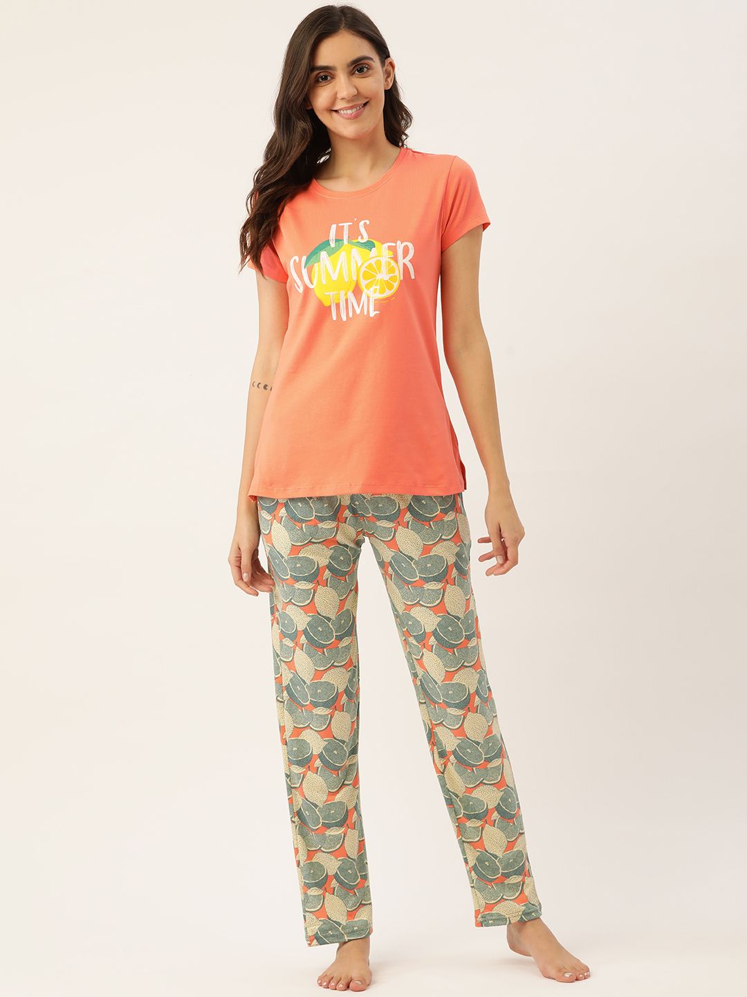 Sweet Dreams Women Coral Orange & Green Printed Pyjama Set Price in India