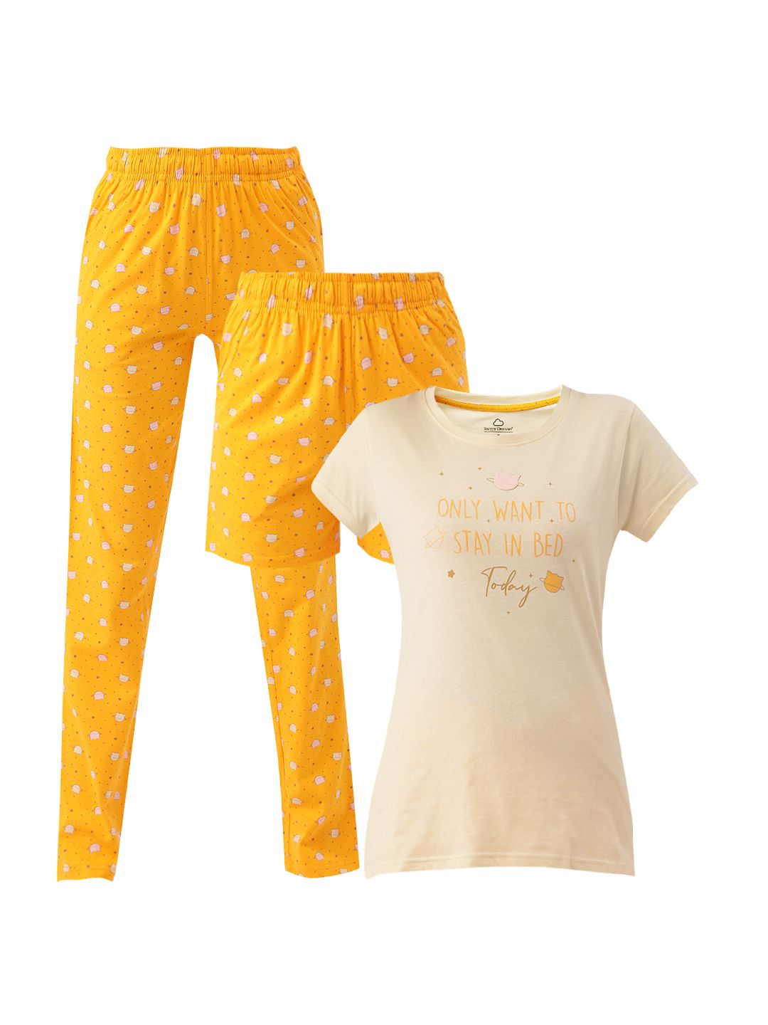 Sweet Dreams Women 3 Pc Off White & Yellow Printed Pure Cotton Night Suit Set Price in India