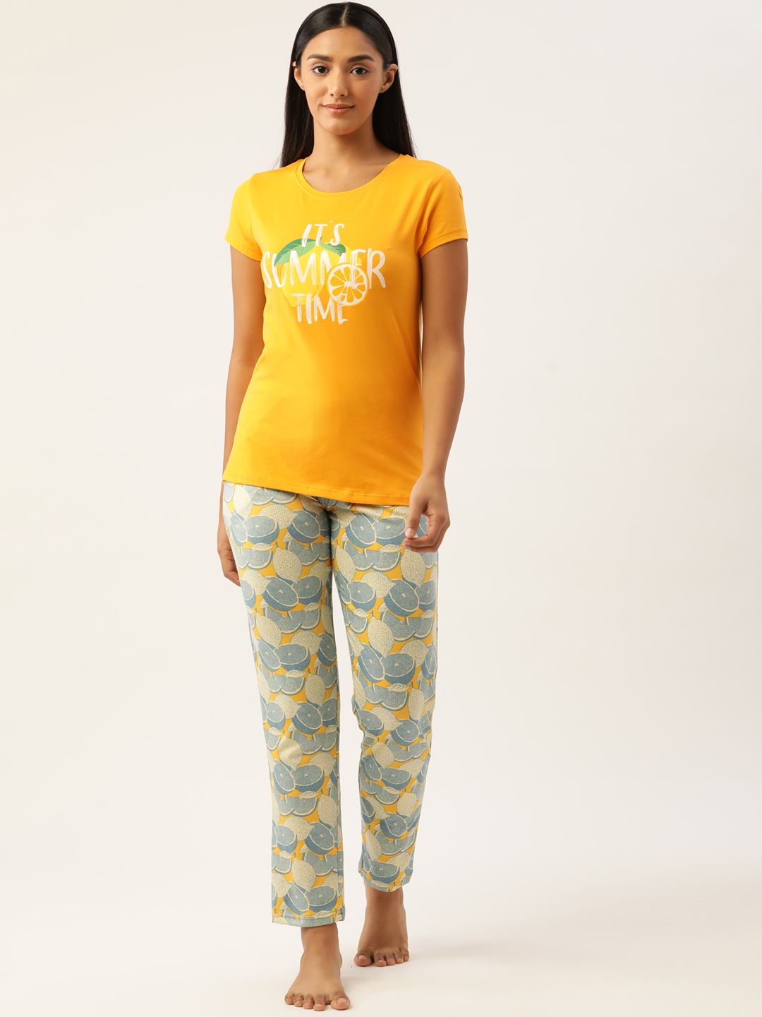 Sweet Dreams Women Mustard Yellow & Blue Printed Night suit Price in India