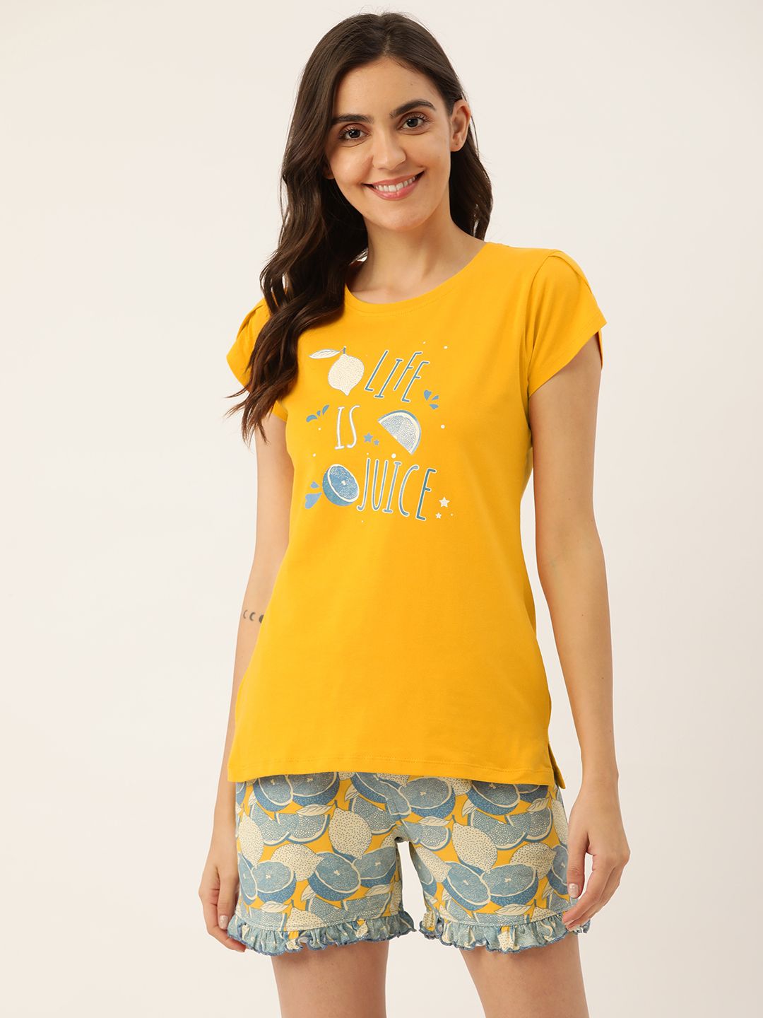 Sweet Dreams Women Mustard Yellow & Blue Printed Short Set Price in India