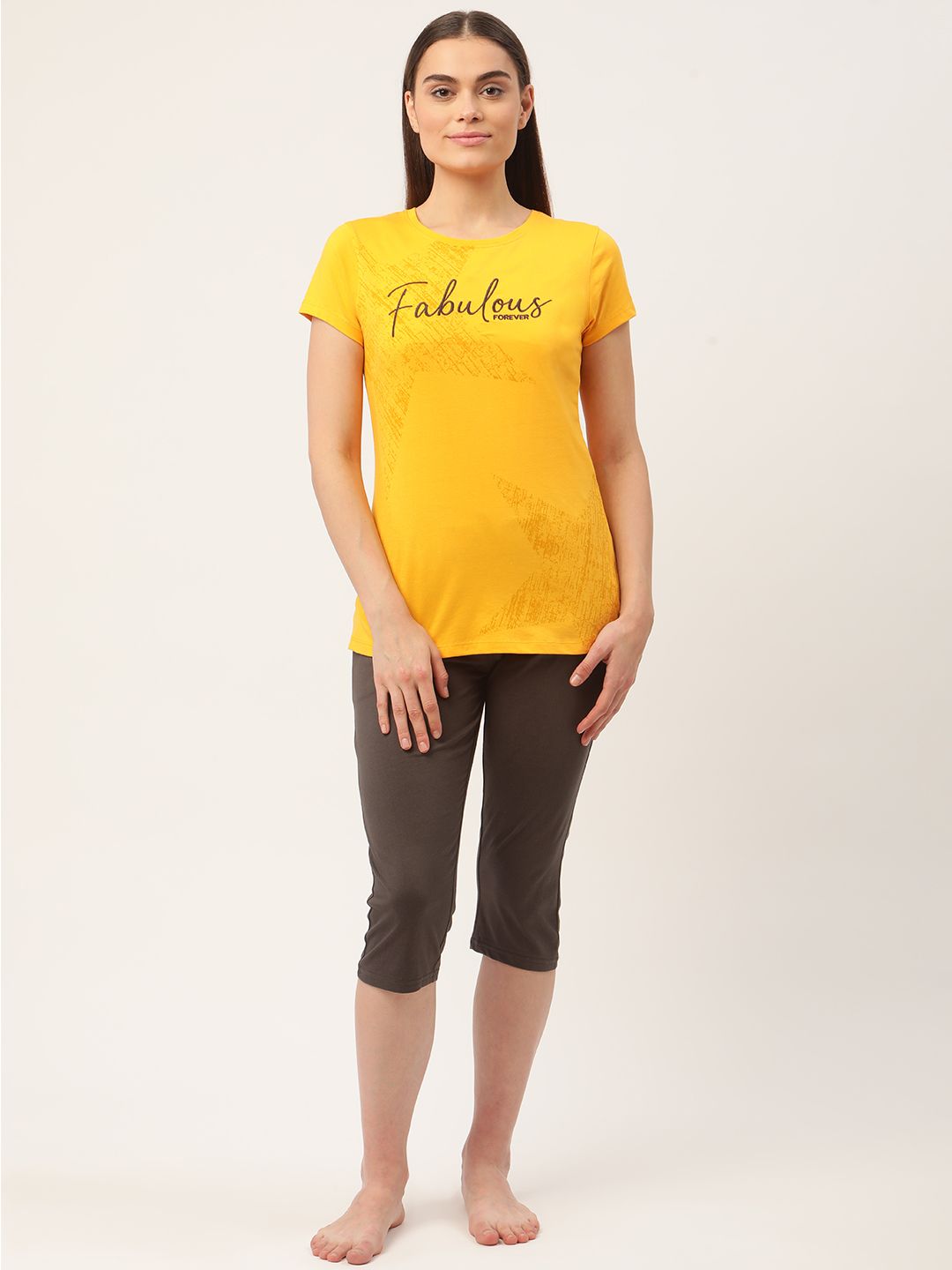 Sweet Dreams Women Yellow & Charcoal Grey Printed Capri Set Price in India