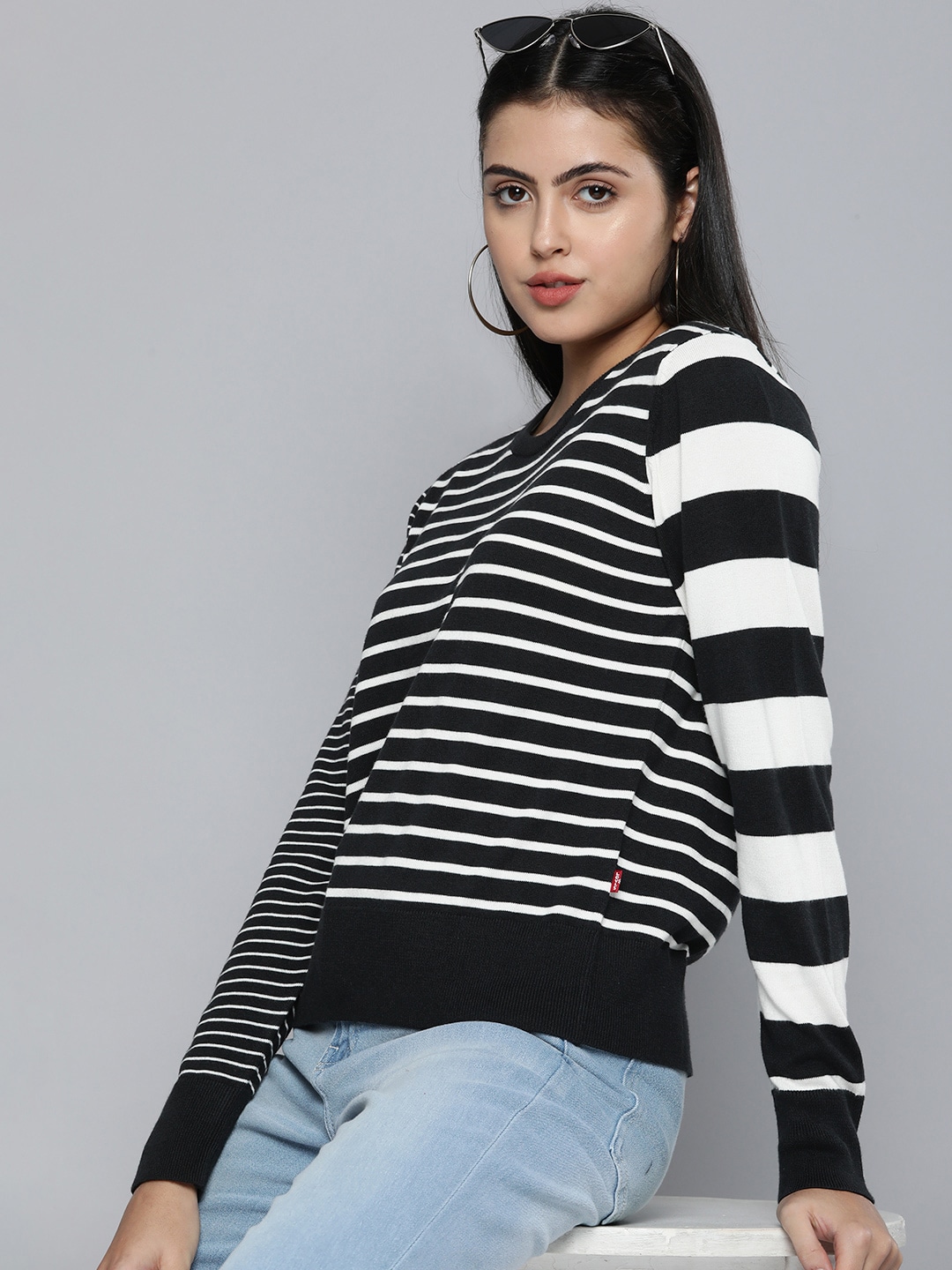 Levis Women Black & White Striped Pullover Sweater Price in India