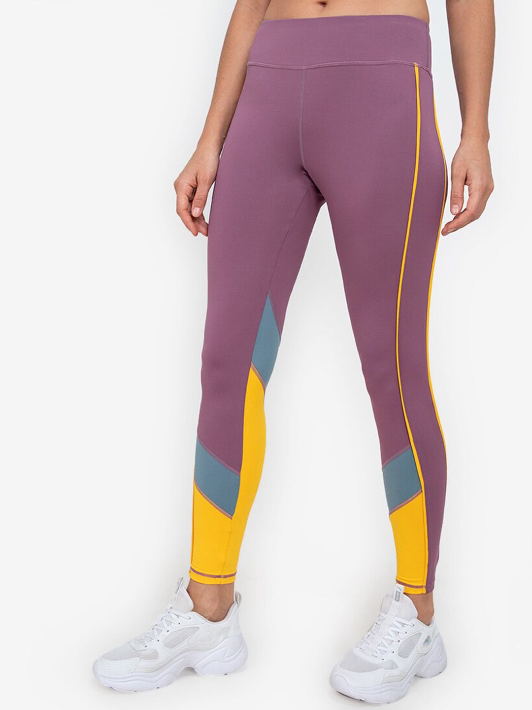 ZALORA ACTIVE Women Mauve & Yellow Colourblocked High Waisted Tights Price in India