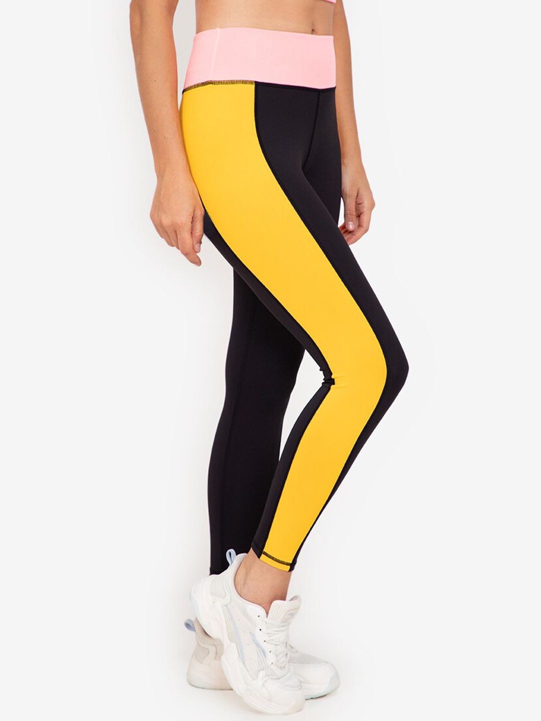 ZALORA ACTIVE Women Black & Yellow Colourblocked Tights Price in India