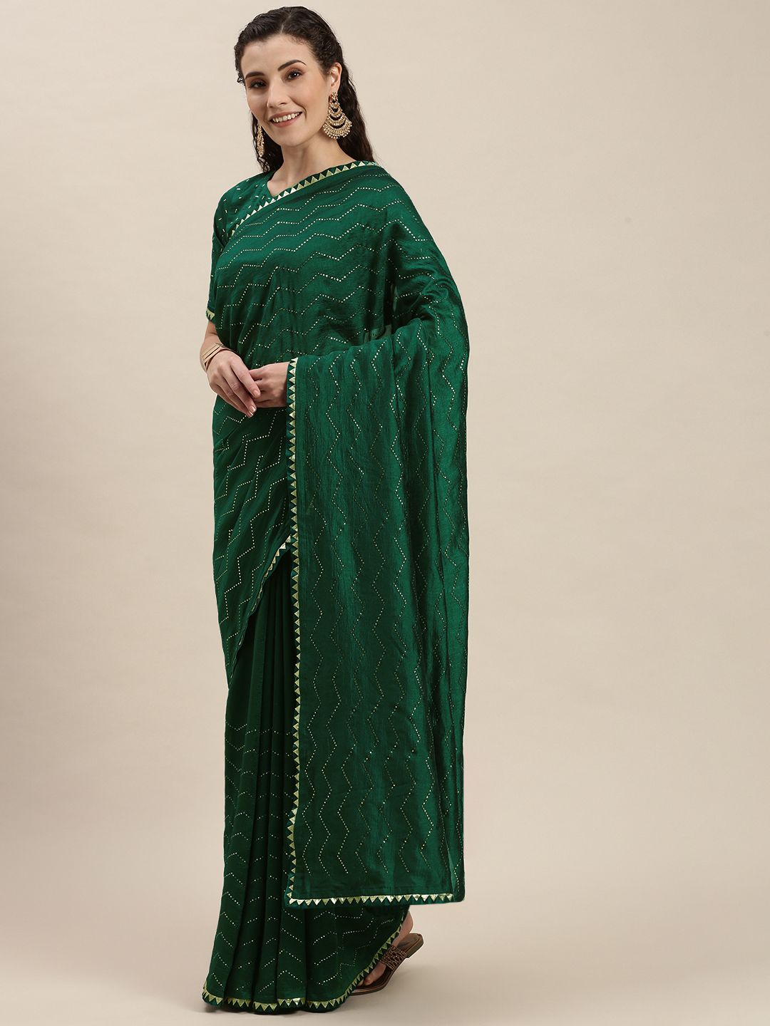 Amrutam Fab Green Beads and Stones Embroidered Art Silk Saree Price in India