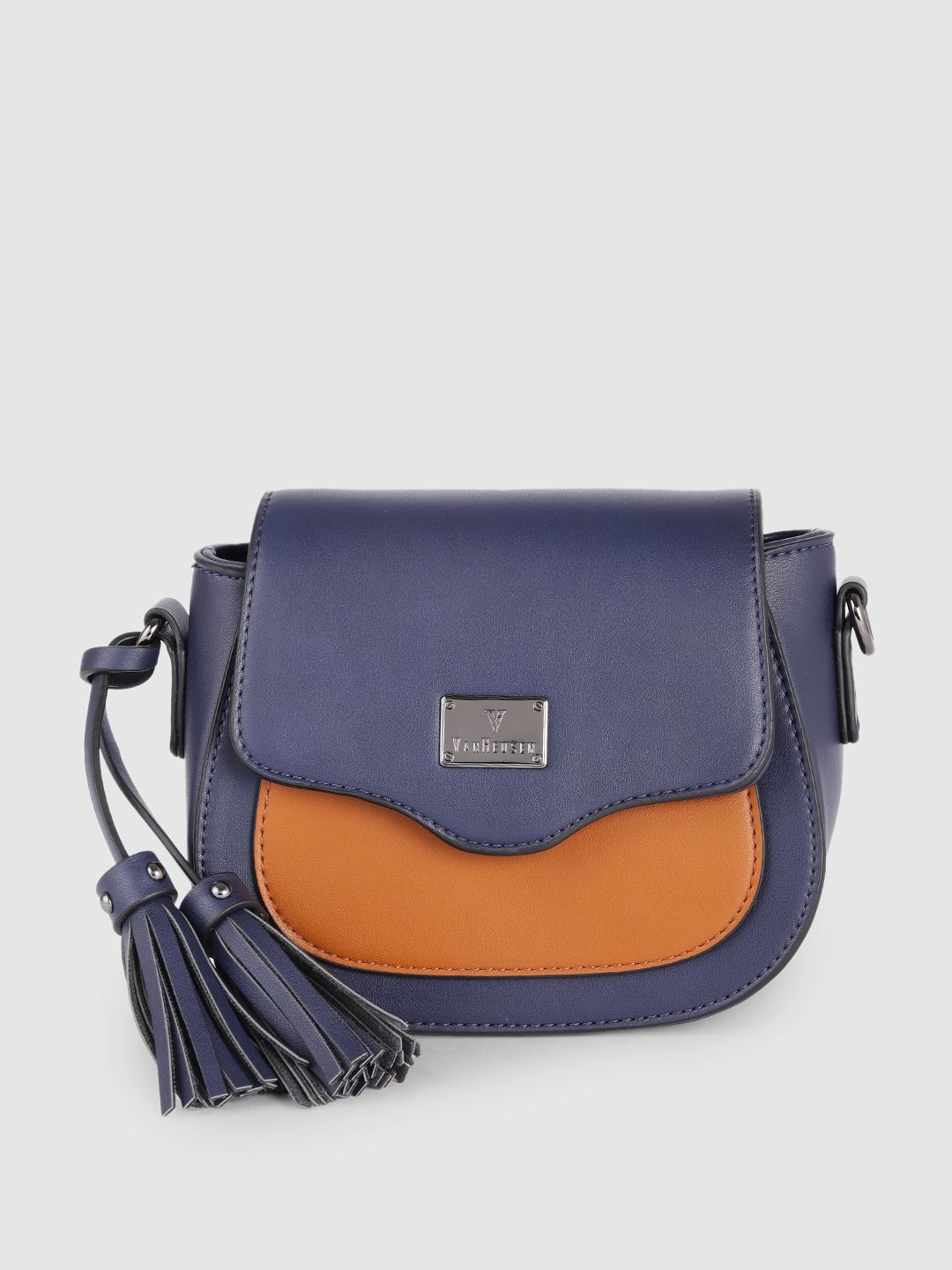 Van Heusen Blue Solid PU Regular Structured Sling Bag with Tasselled Detail Price in India