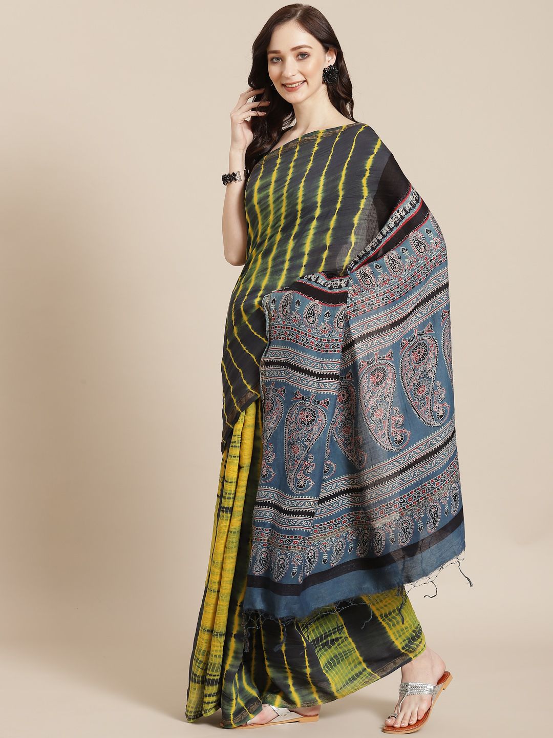 ADITRI Yellow & Black Zari Pure Silk Saree Price in India