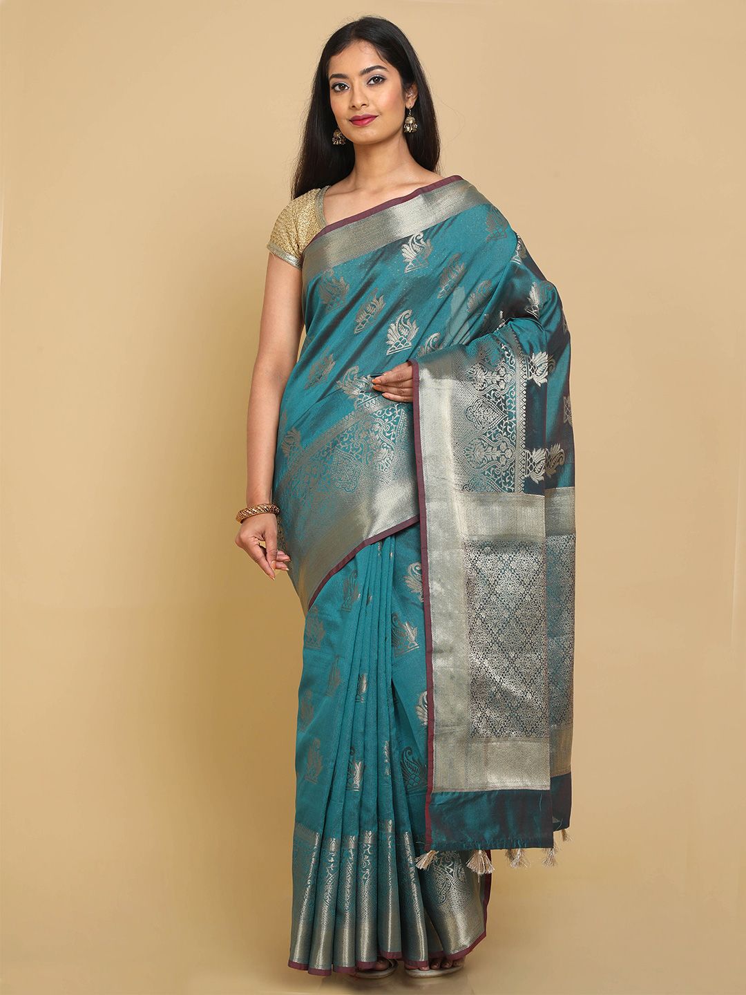 Kalamandir Turquoise Blue & Silver-Toned Woven Design Zari Silk Blend Banarasi Saree Price in India