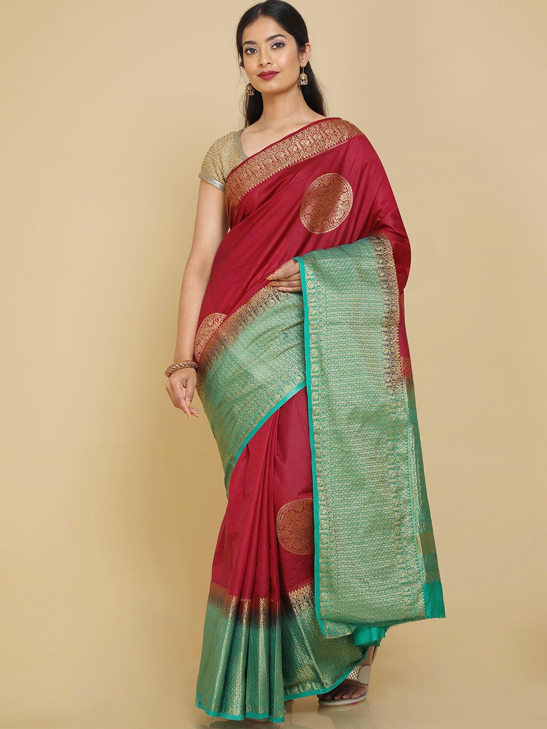 Kalamandir Maroon & Green Ethnic Motifs Silk Blend Banarasi Saree Price in India