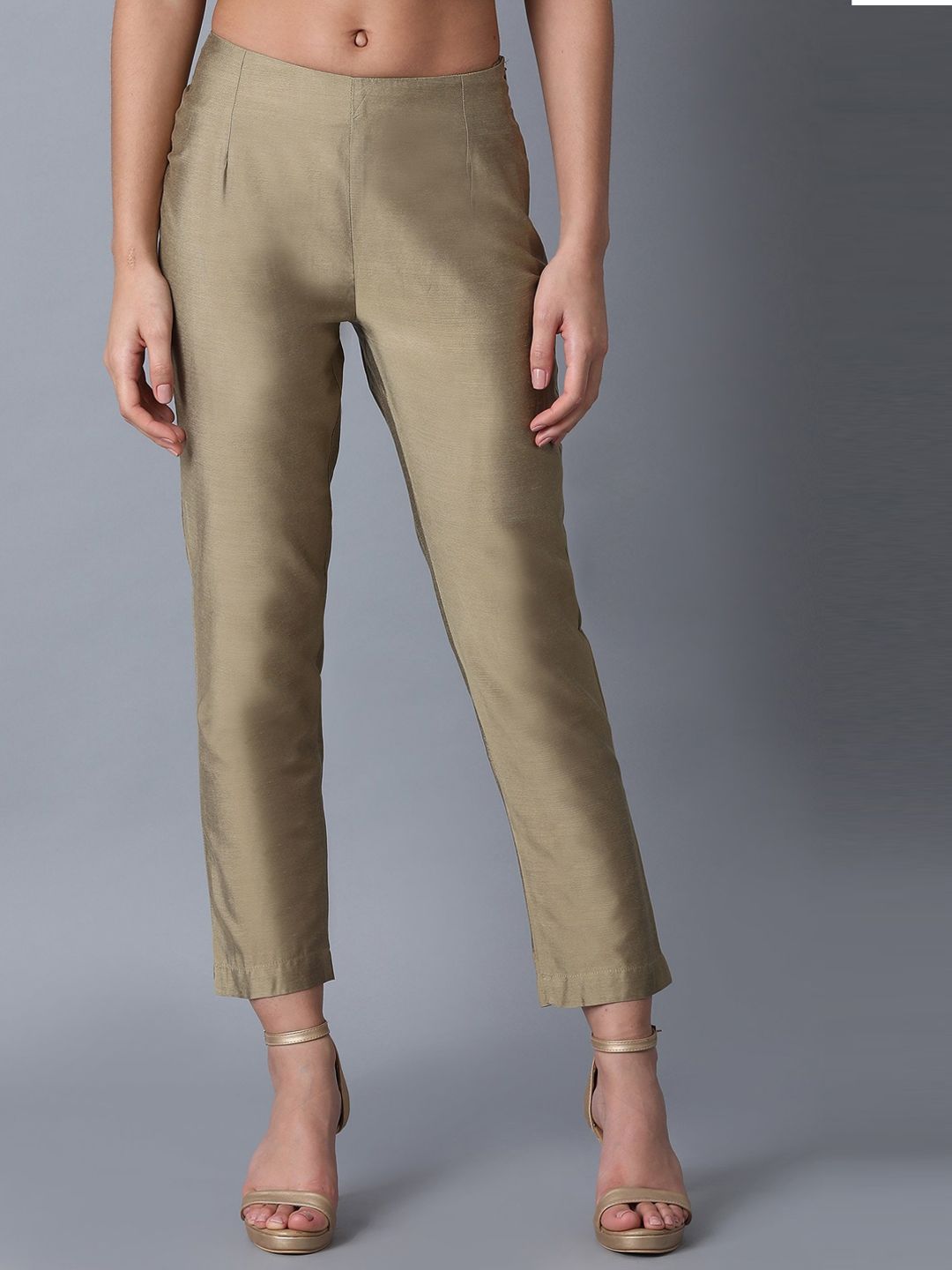 W Women Gold-Toned Slim Fit Cropped Trousers Price in India