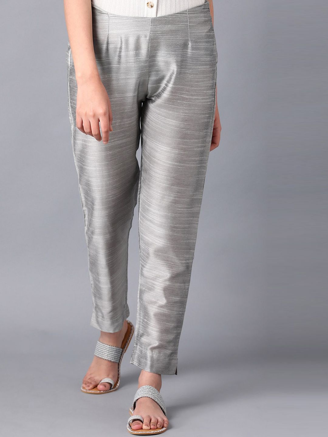 W Women Silver-Toned Slim Fit Trousers Price in India