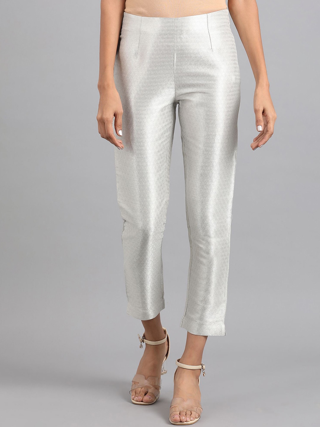 W Women Silver-Toned Printed Slim Fit Cropped Trousers Price in India