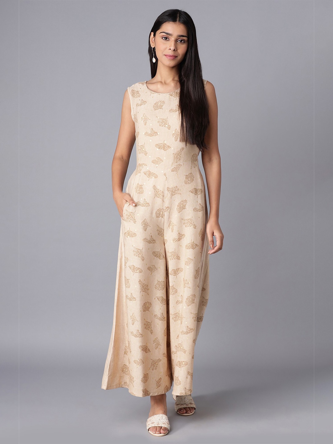 W Woman Beige Printed Basic Jumpsuit Price in India
