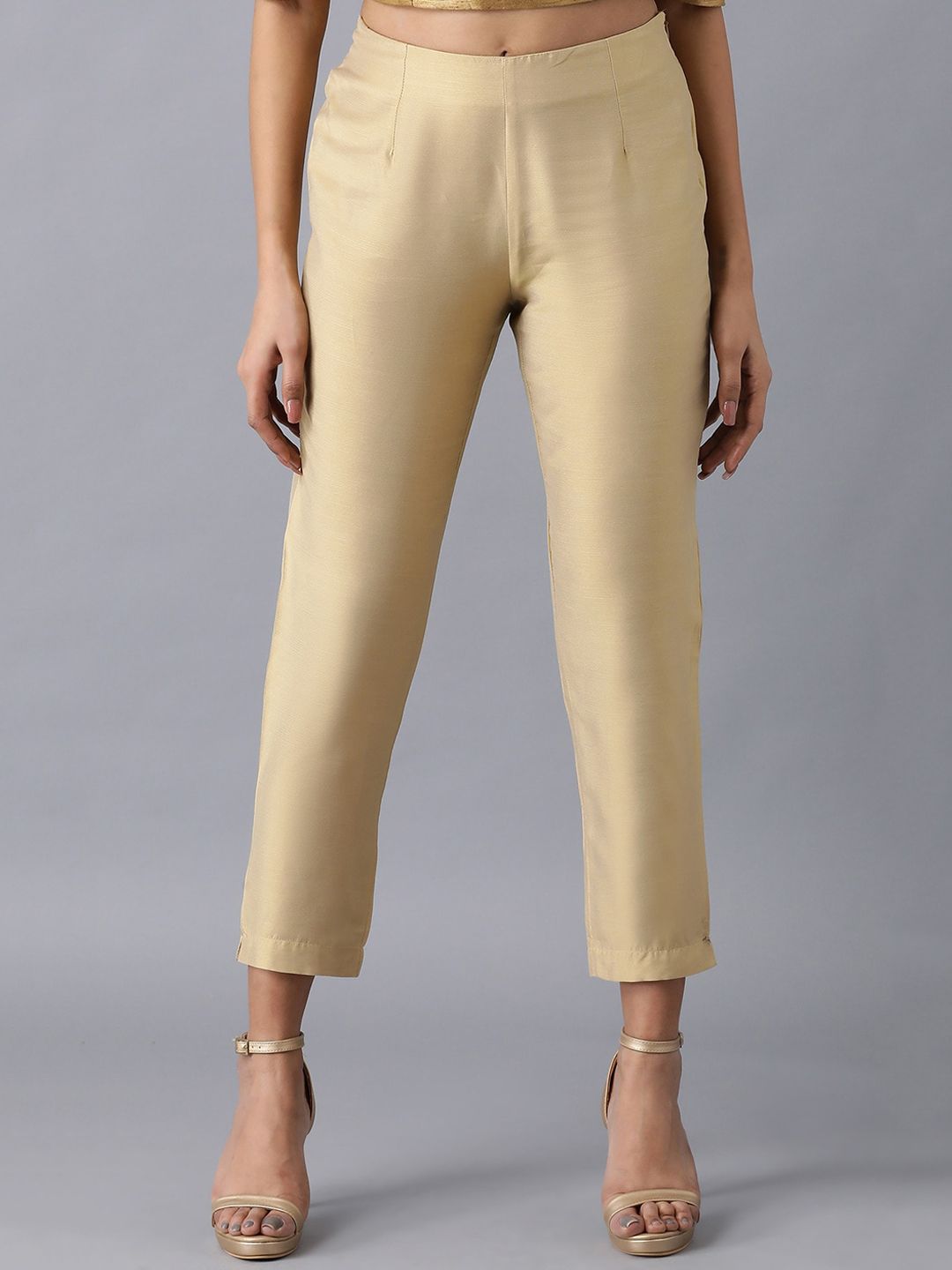 W Women Gold-Toned Slim Fit Trousers Price in India